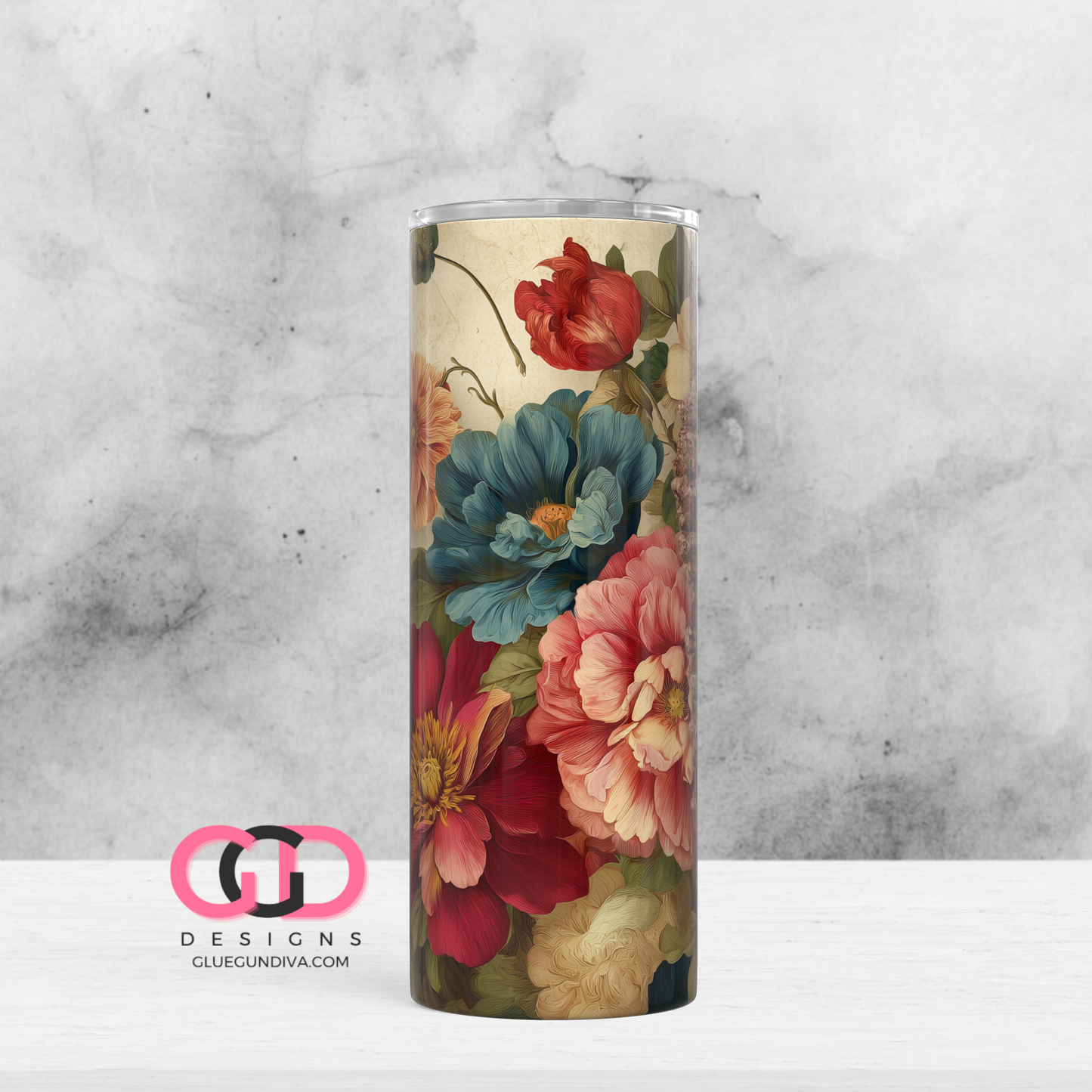 Vintage Brick Wall Flowers- Digital tumbler wrap for 20 oz skinny straight tumbler
