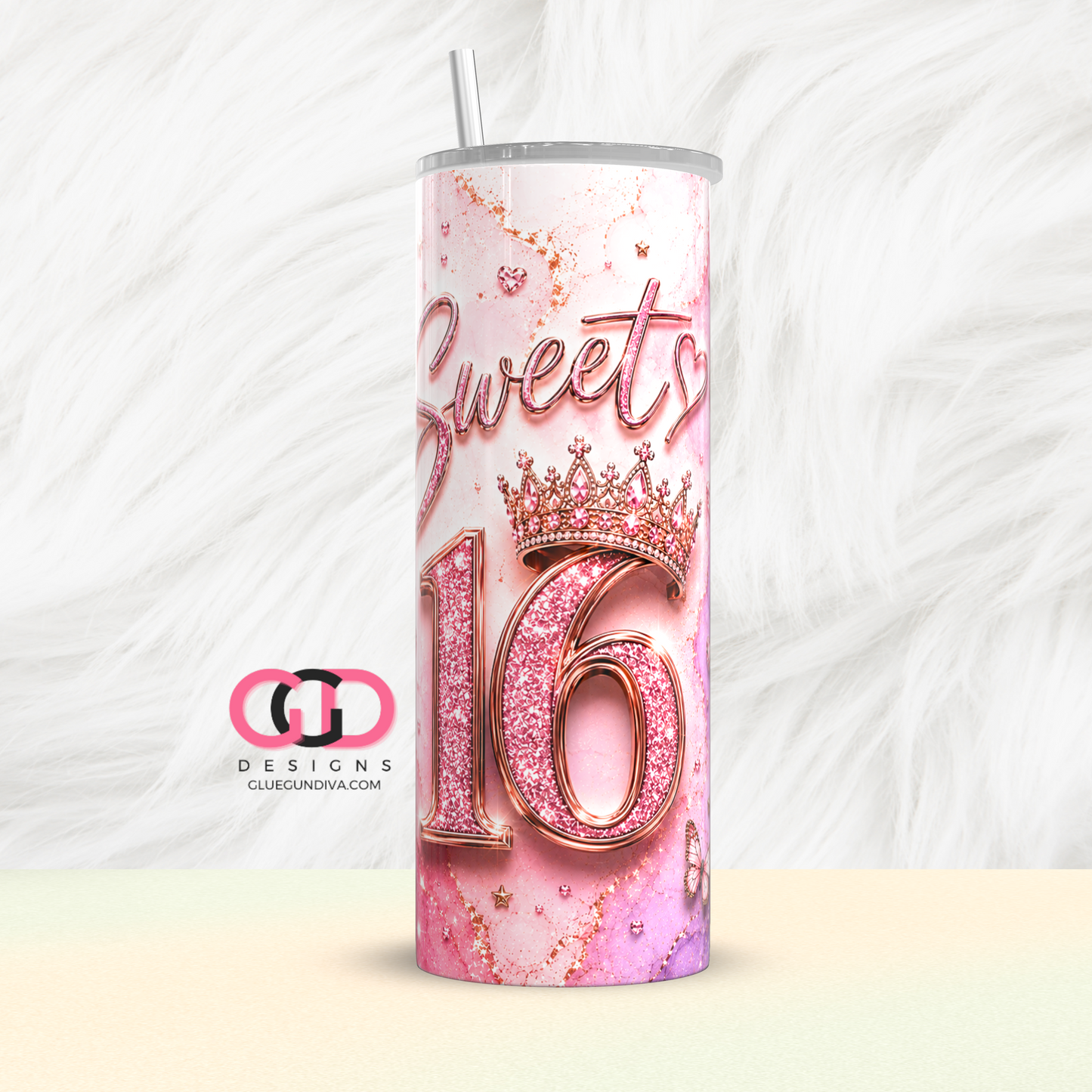 Sweet 16 glitter butterflies -  Digital tumbler wrap for 20 oz skinny straight tumbler
