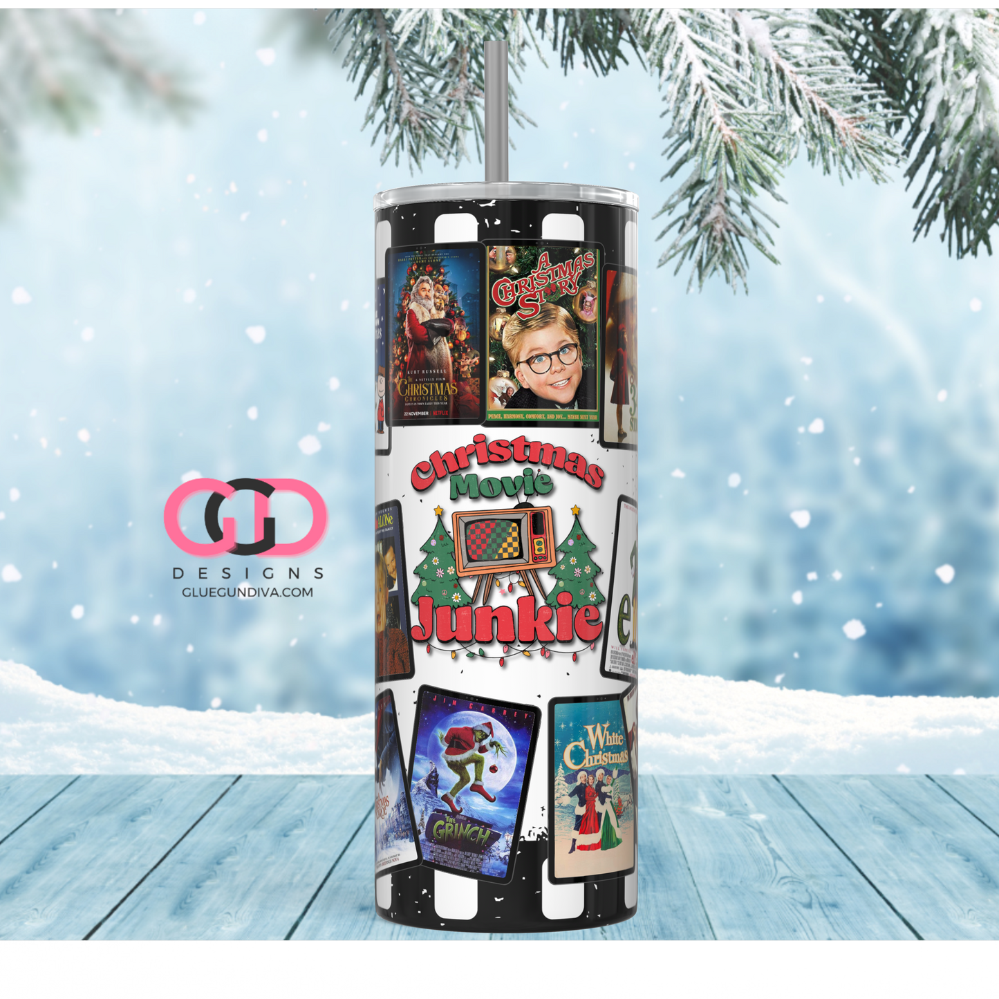 Chrismas Movie Junkie -  Digital tumbler wrap for 20 oz skinny straight tumbler