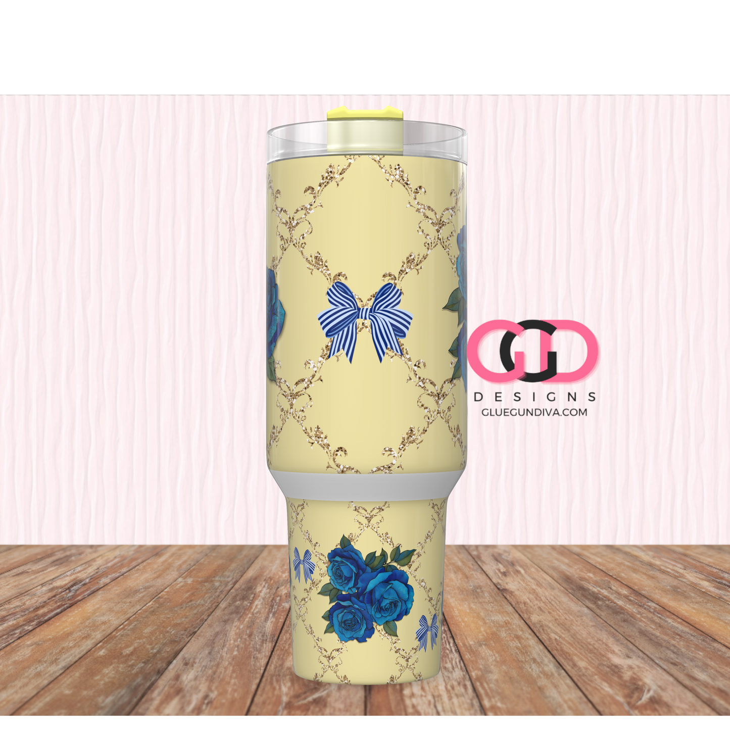 Blue Roses on Yellow -   Digital tumbler wrap for 40 oz tumbler