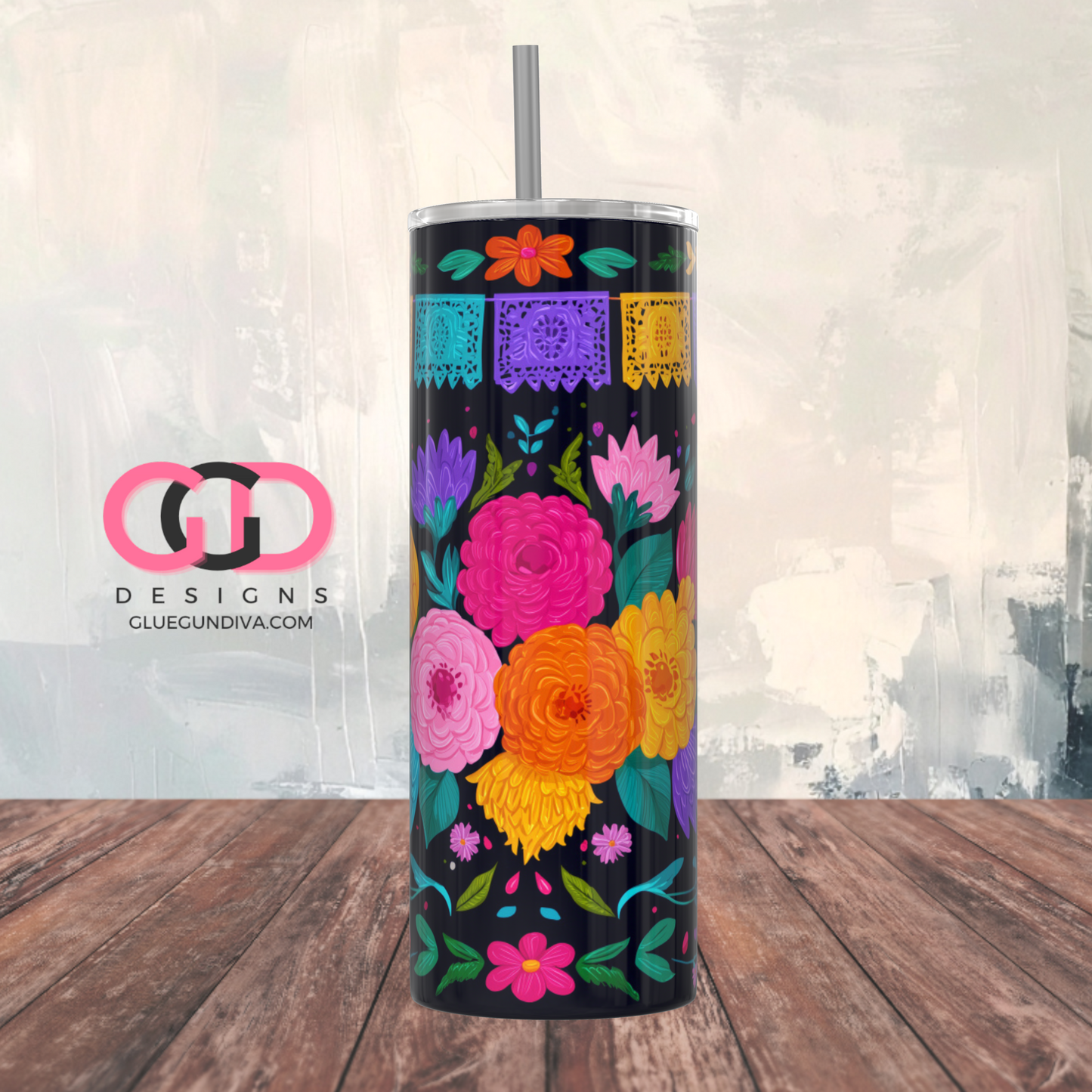 Mexican Papel Picado -  Digital tumbler wrap for 20 oz skinny straight tumbler