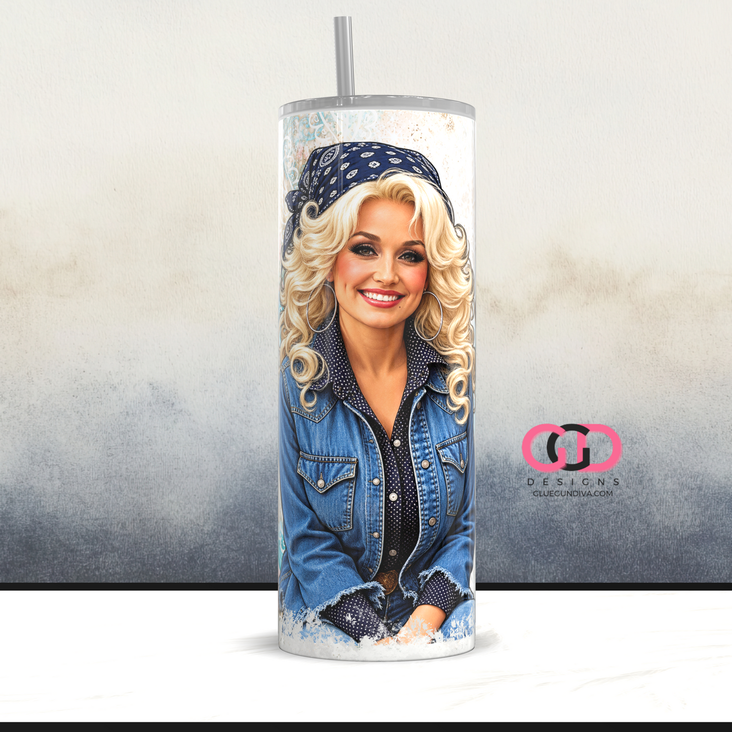 Dolly Parton Blue and Guitar -   Digital tumbler wrap for 20 oz skinny straight tumbler