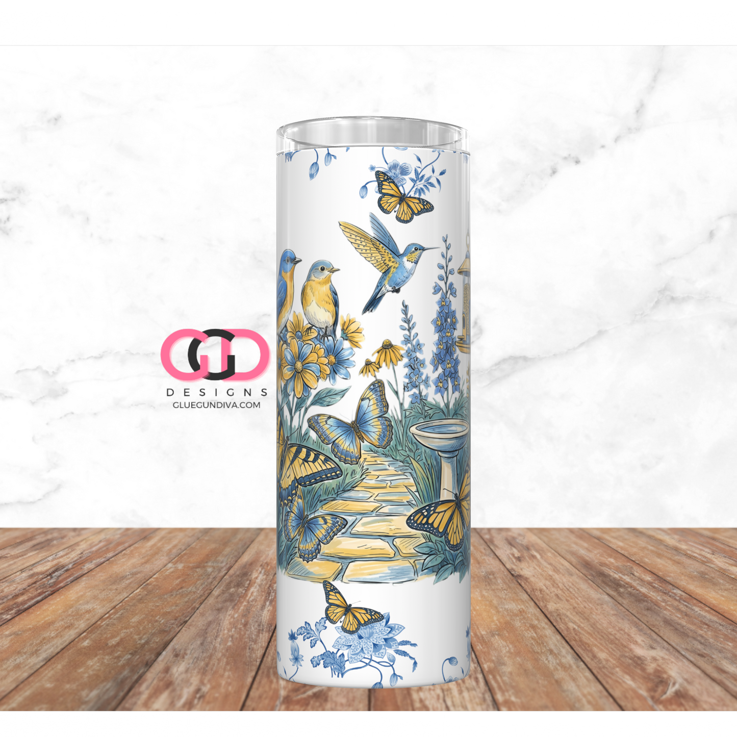 Birds Flowers Chinoiserie- Digital tumbler wrap for 20 oz skinny straight tumbler