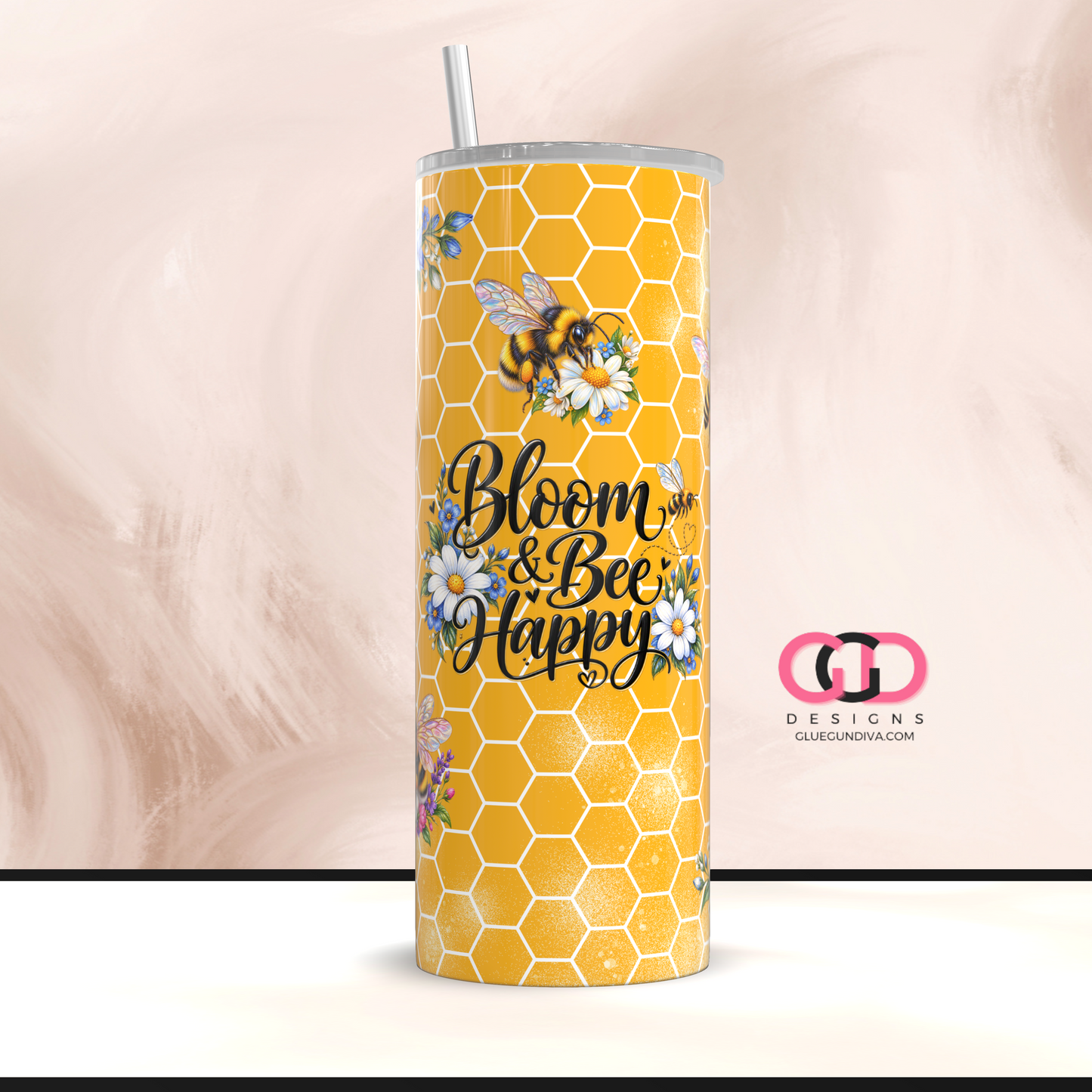 Bloom and Bee Happy Yellow -  Digital tumbler wrap for 20 oz skinny straight tumbler