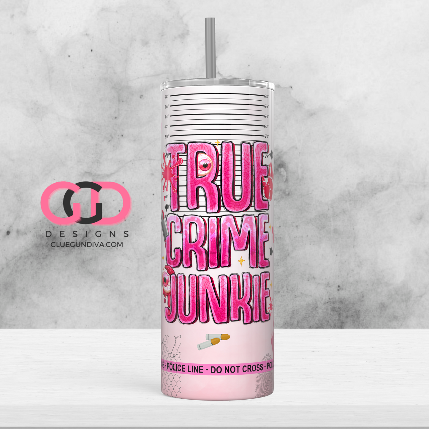Pink True Crime Junkie  -  Digital tumbler wrap for 20 oz skinny straight tumbler