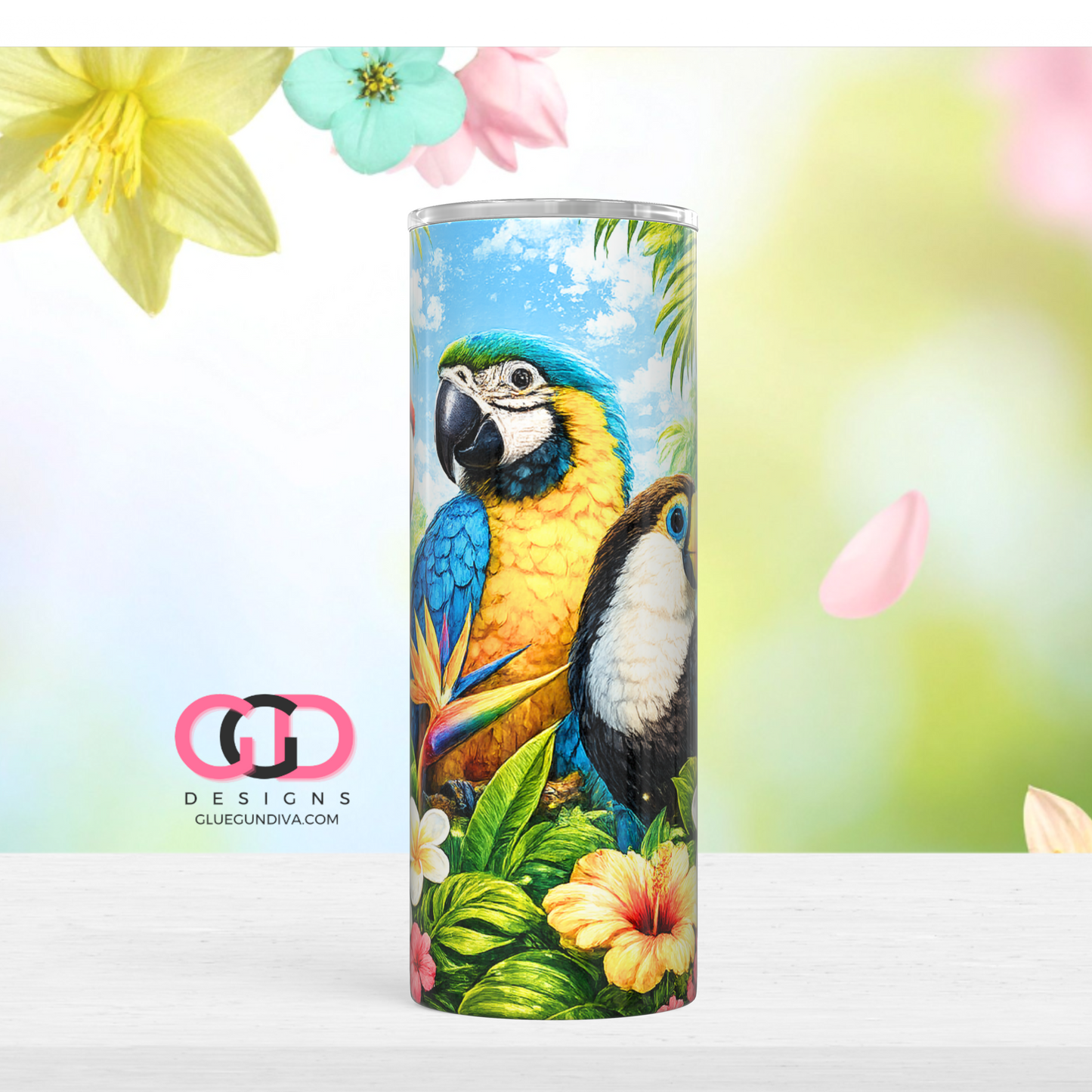 Tropical Birds Scene - Digital tumbler wrap for 20 oz skinny straight tumbler