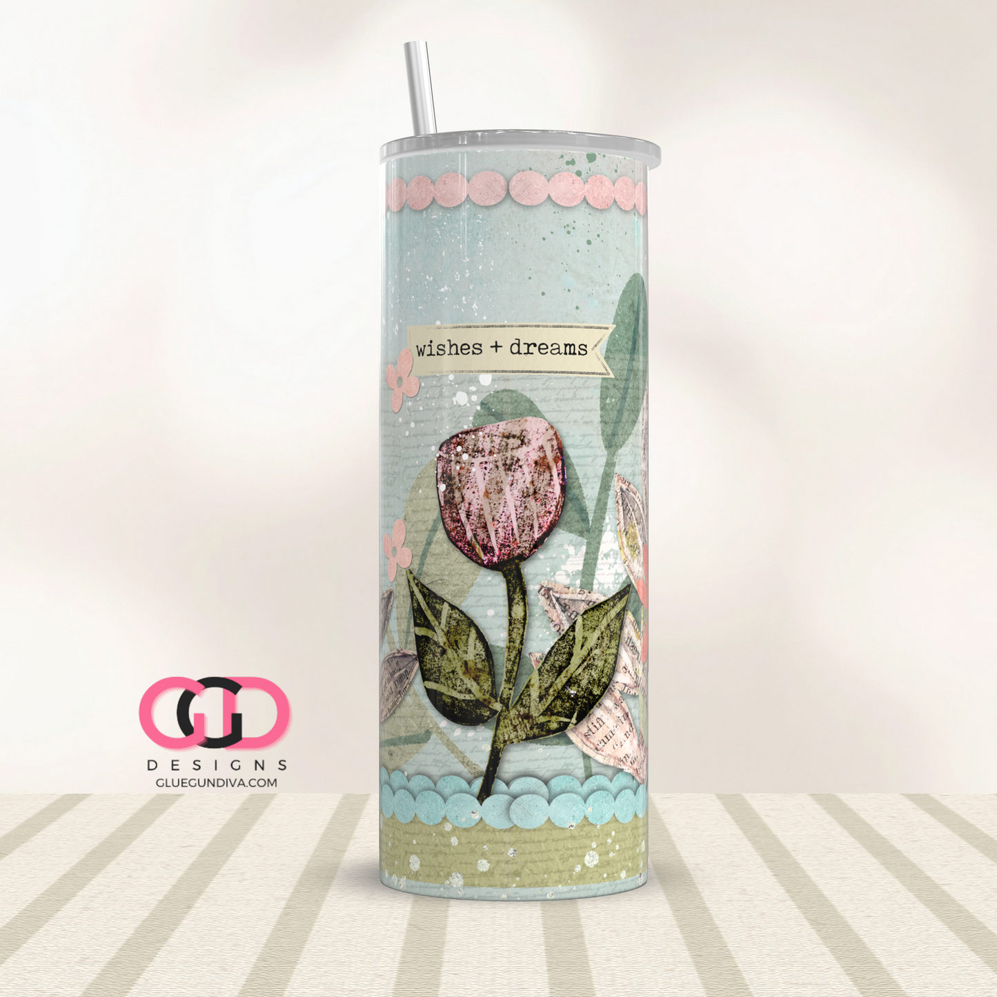 Wishes and Dreams Paper Floral -Digital tumbler wrap for 20 oz skinny straight tumbler