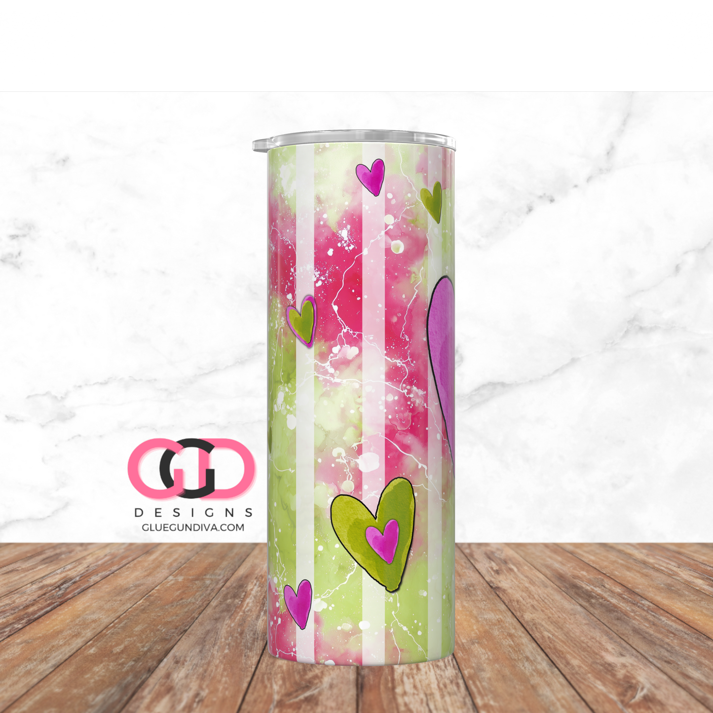 Lime Green and Pink Hearts -   Digital tumbler wrap for 20 oz skinny straight tumbler