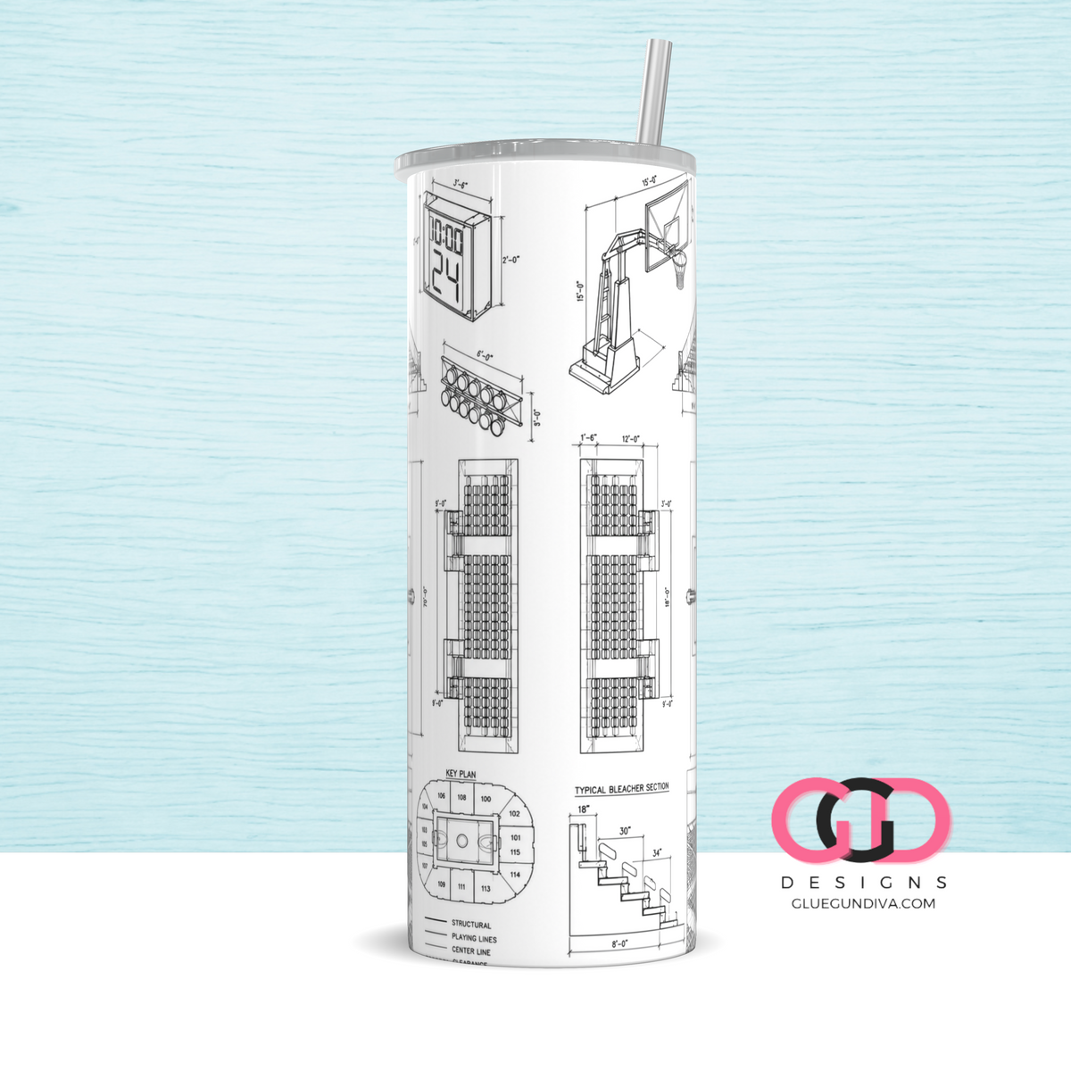 Basketball Blueprint - Digital tumbler wrap for 20 oz skinny straight tumbler