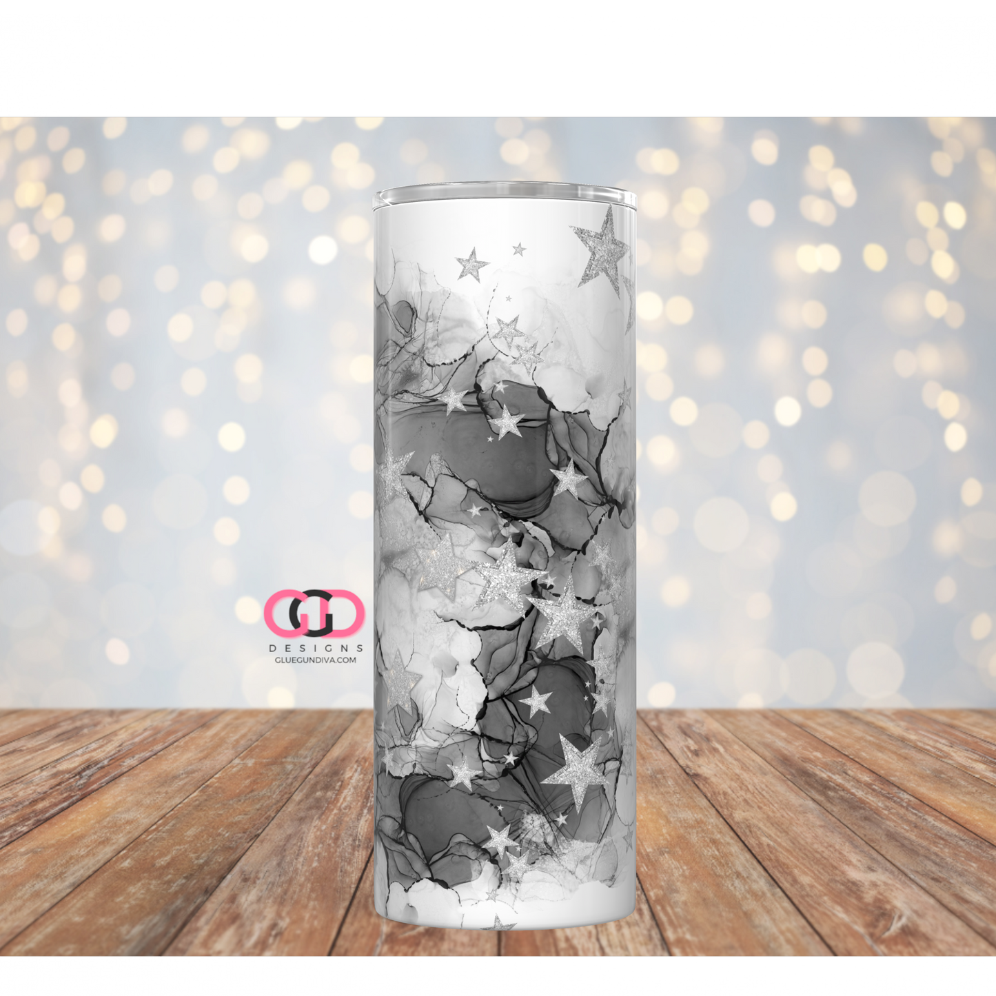 Stars on Black Alcohol ink - Digital tumbler wrap for 20 oz skinny straight tumbler