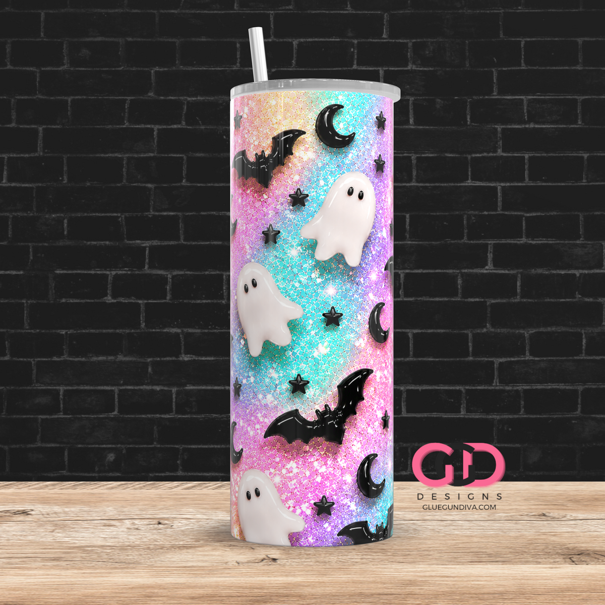 Glossy Ghosts Sherbert -  Digital tumbler wrap for 20 oz skinny straight tumbler