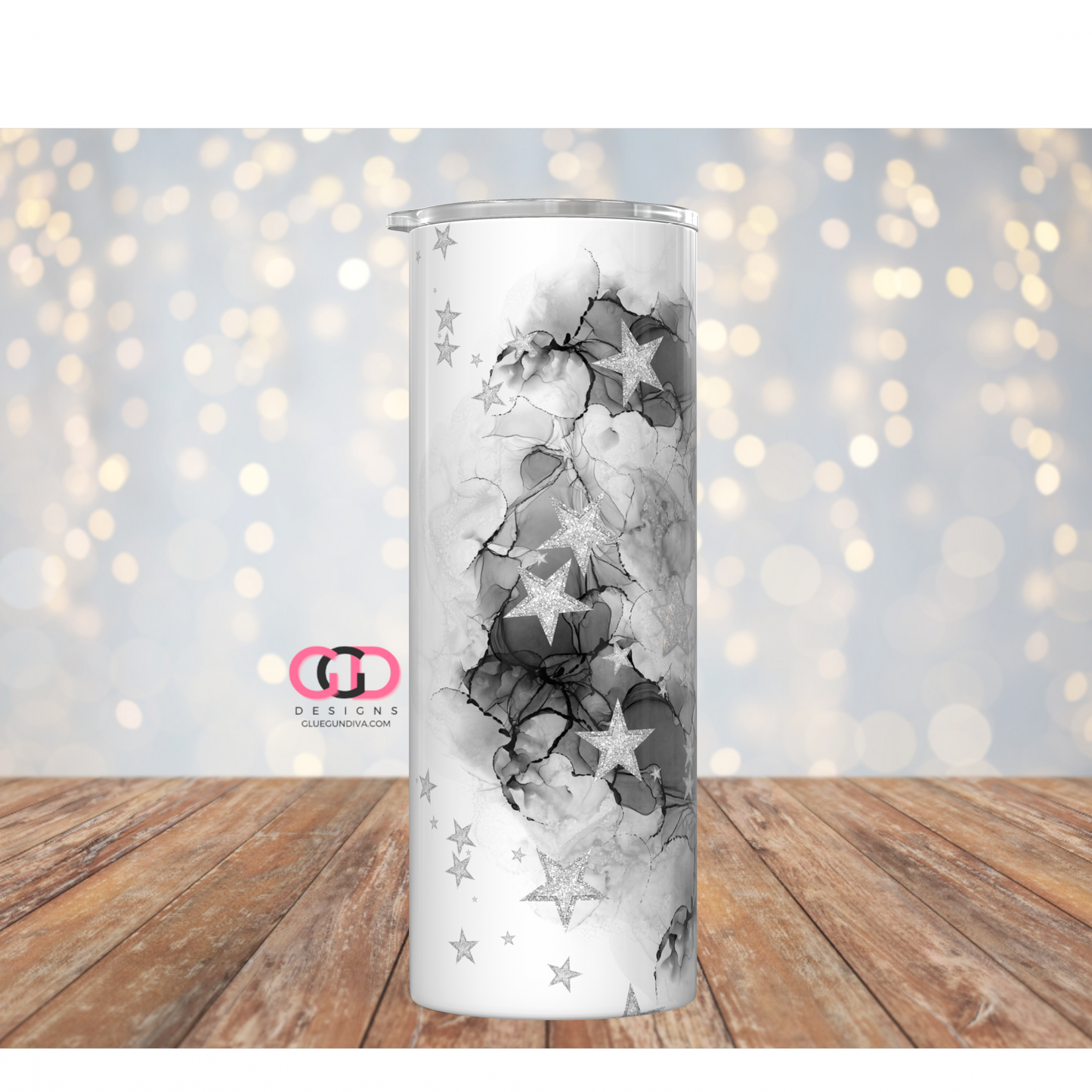 Stars on Black Alcohol ink - Digital tumbler wrap for 20 oz skinny straight tumbler