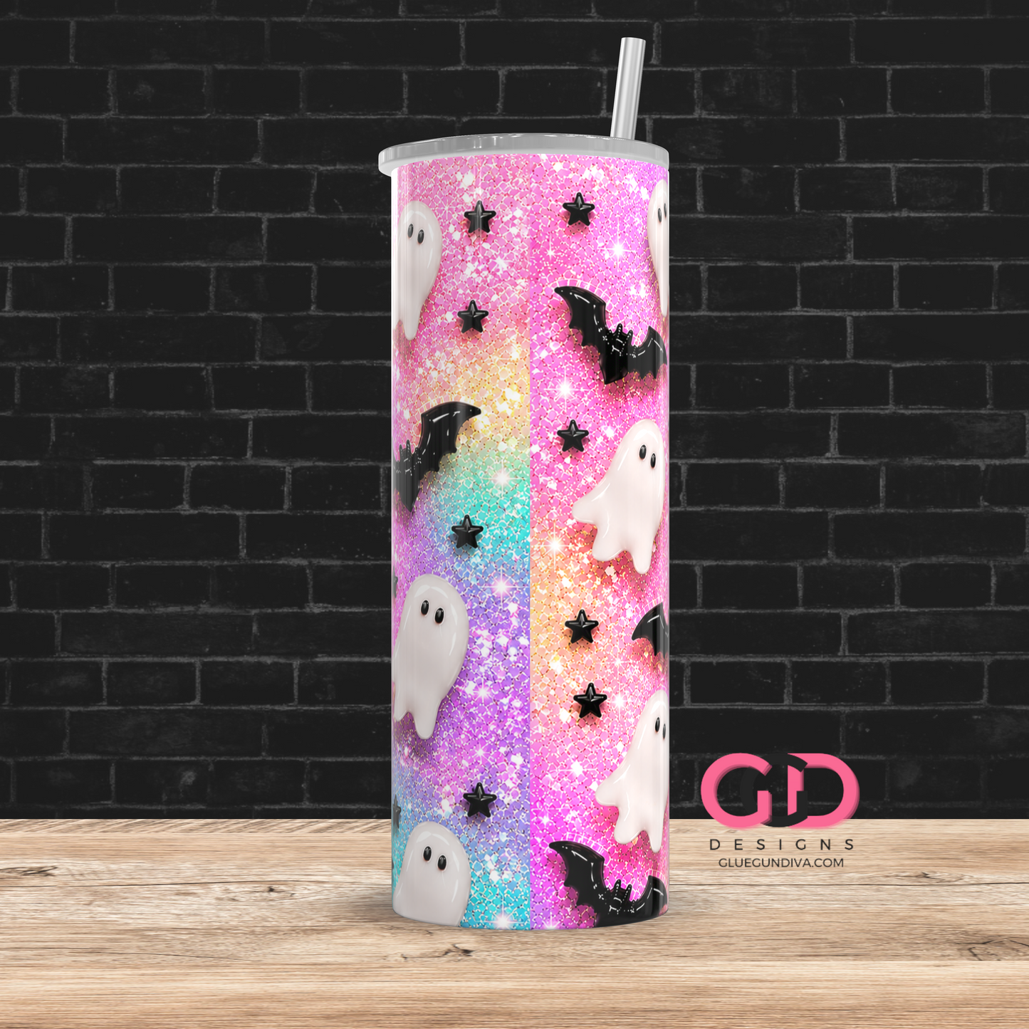 Glossy Ghosts Sherbert -  Digital tumbler wrap for 20 oz skinny straight tumbler