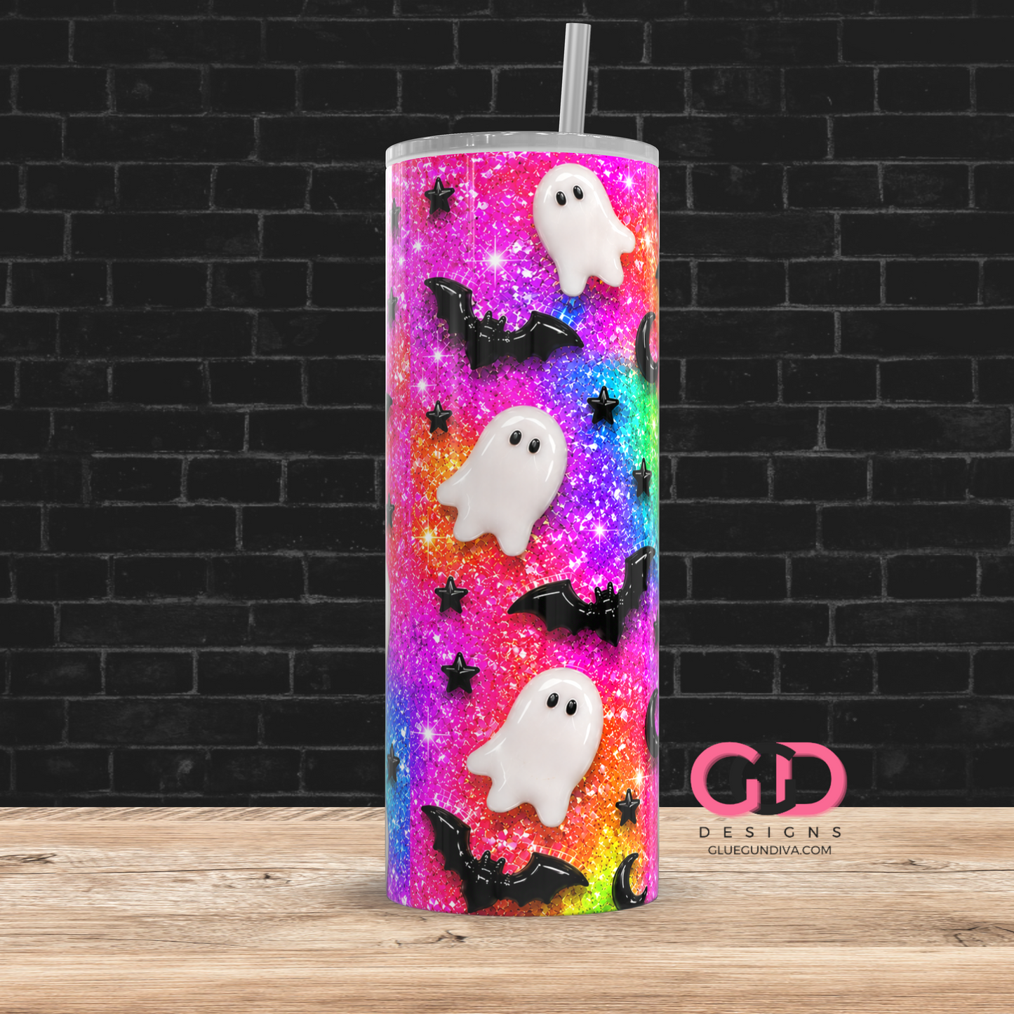 Glossy Ghosts Vibrant Neons-  Digital tumbler wrap for 20 oz skinny straight tumbler