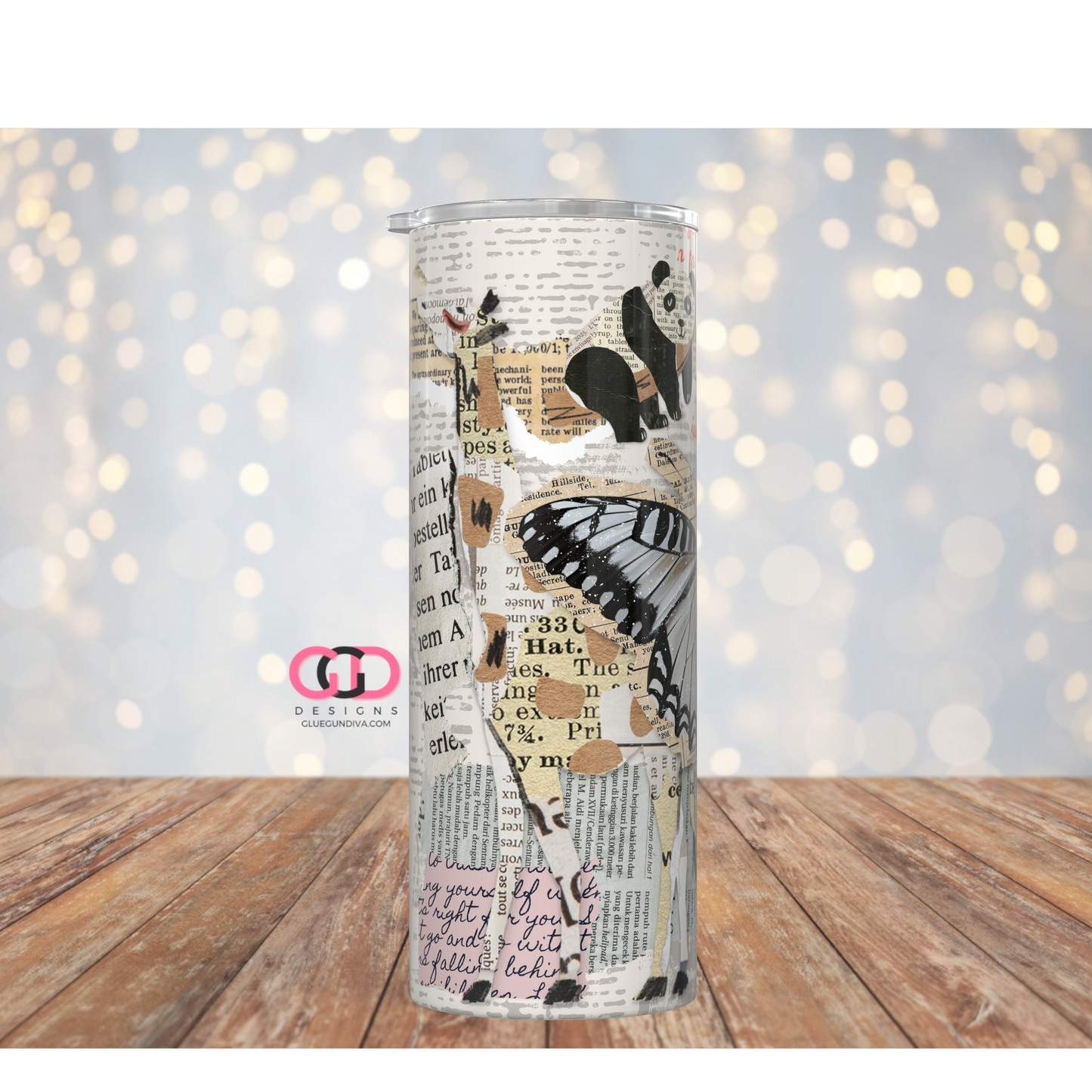 Newspaper Animal Collage -   Digital tumbler wrap for 20 oz skinny straight tumbler
