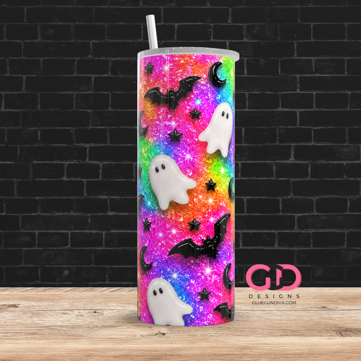 Glossy Ghosts Vibrant Neons-  Digital tumbler wrap for 20 oz skinny straight tumbler