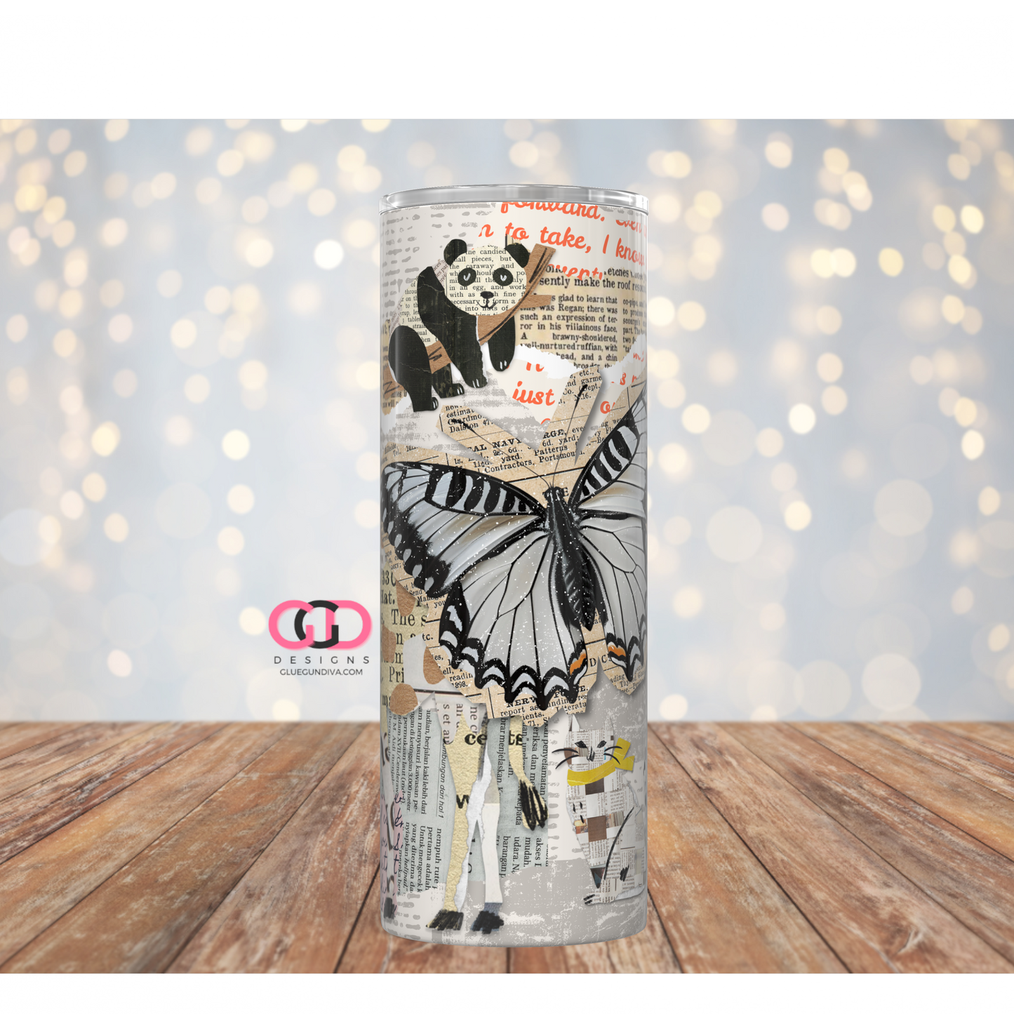 Newspaper Animal Collage -   Digital tumbler wrap for 20 oz skinny straight tumbler