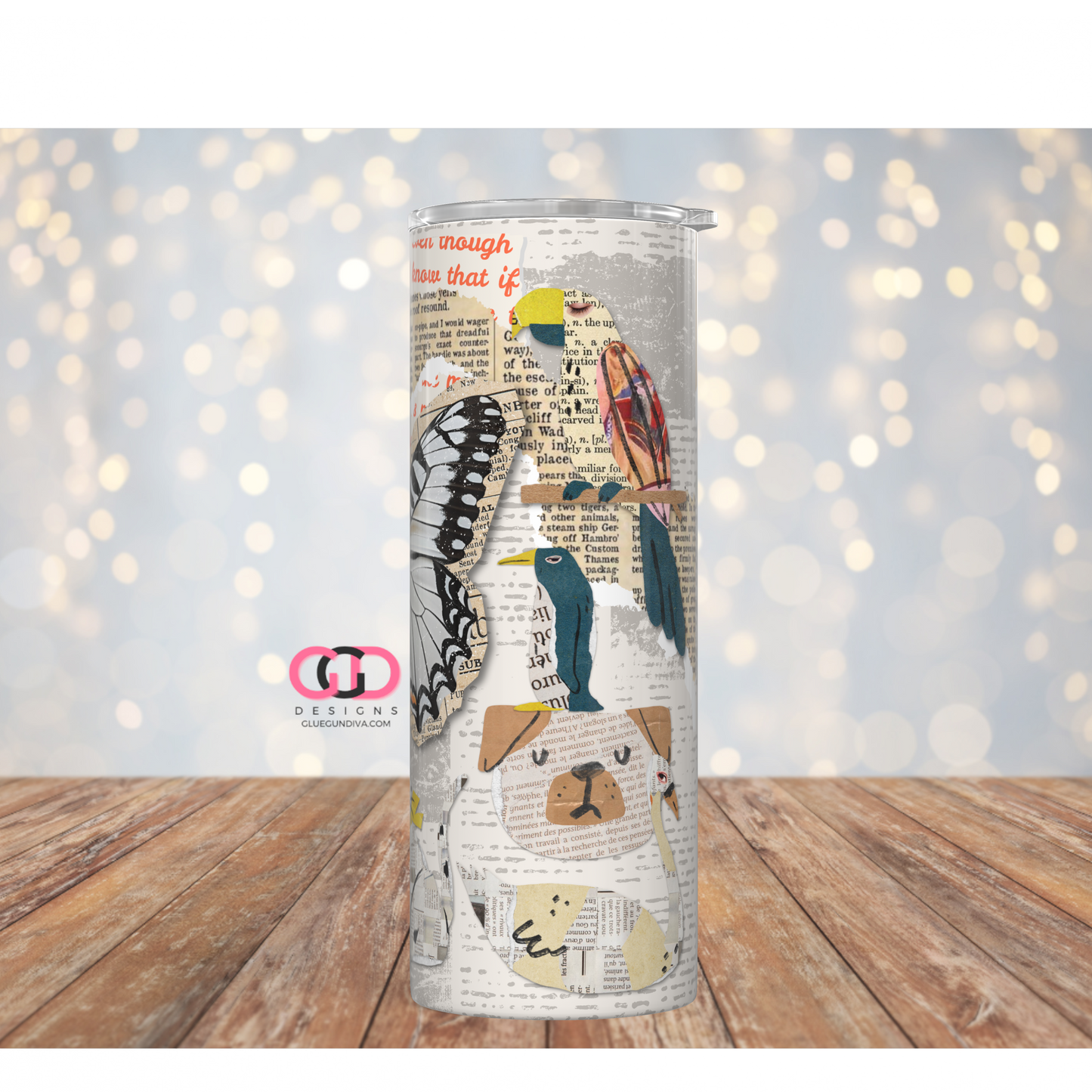 Newspaper Animal Collage -   Digital tumbler wrap for 20 oz skinny straight tumbler