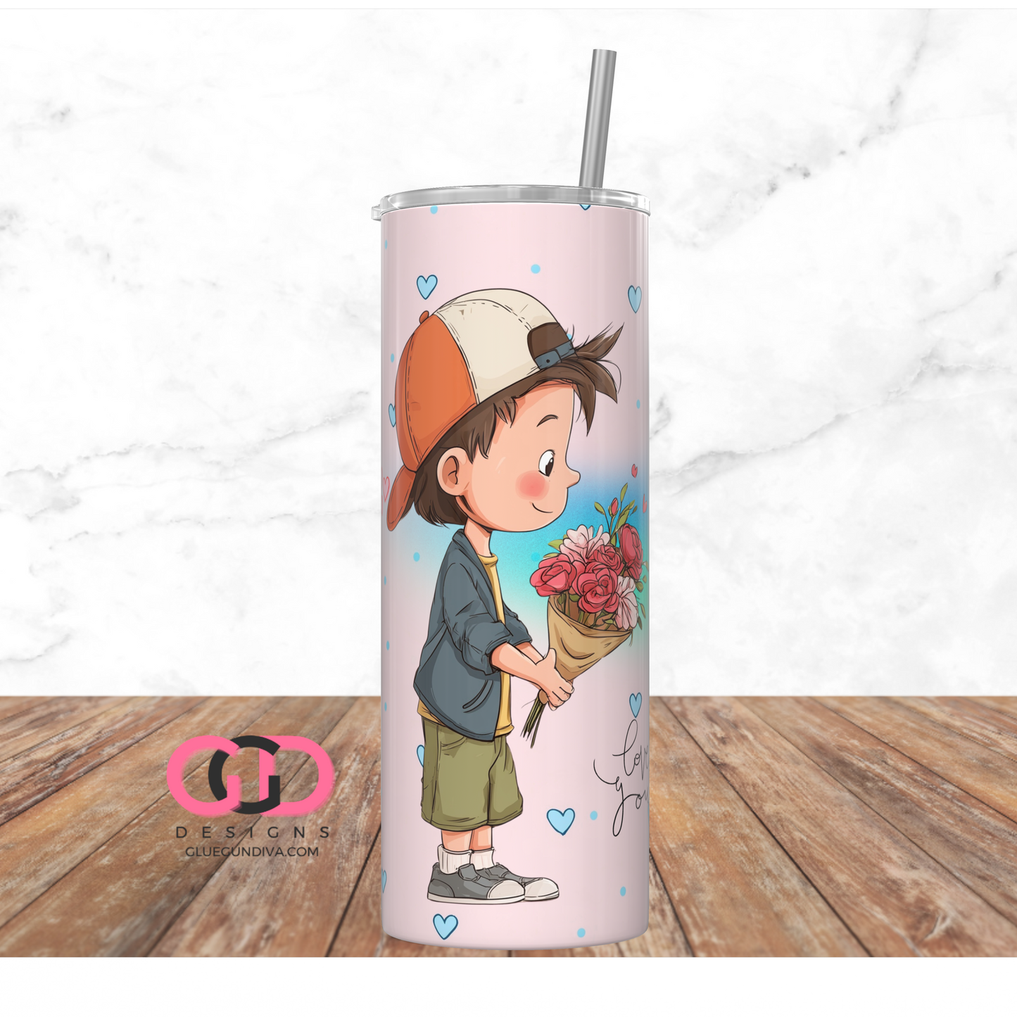 Love You Dark Brown Hair - Digital tumbler wrap for 20 oz skinny straight tumbler