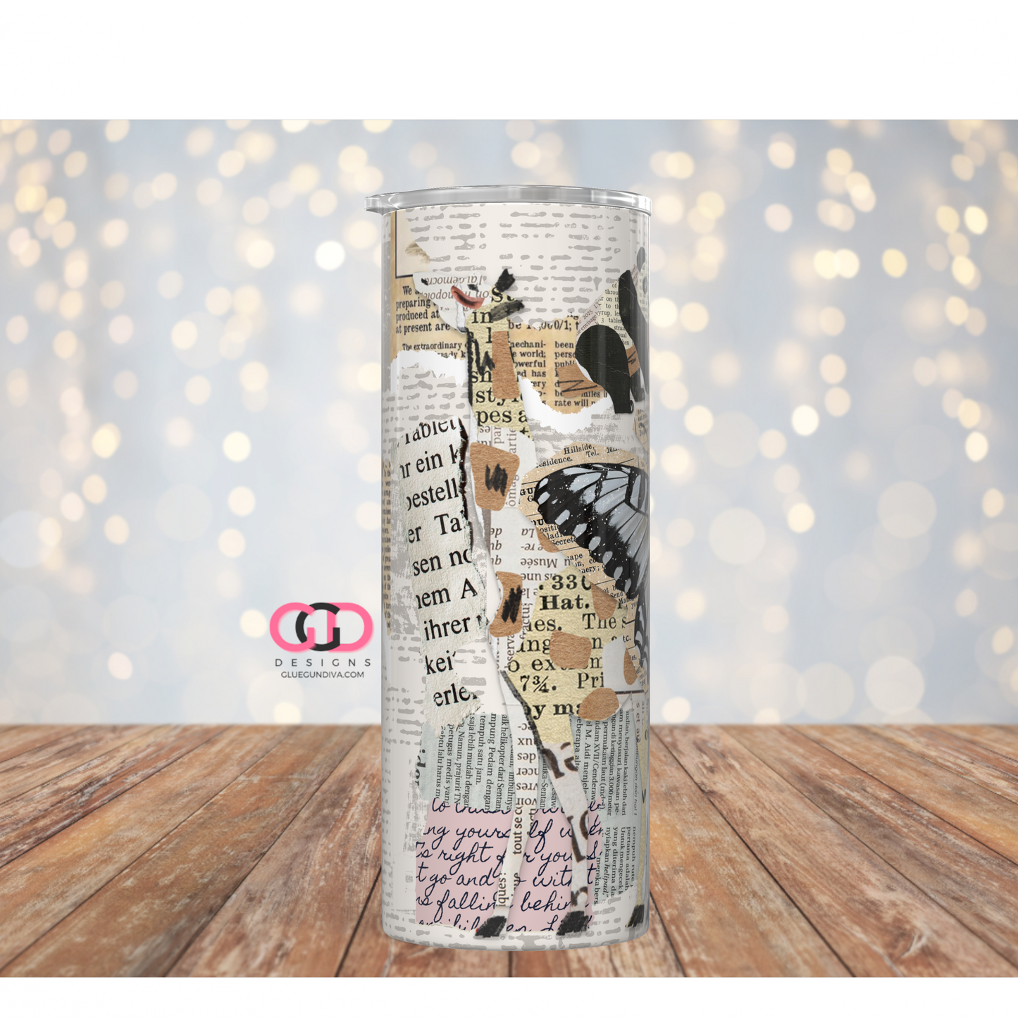 Newspaper Animal Collage -   Digital tumbler wrap for 20 oz skinny straight tumbler