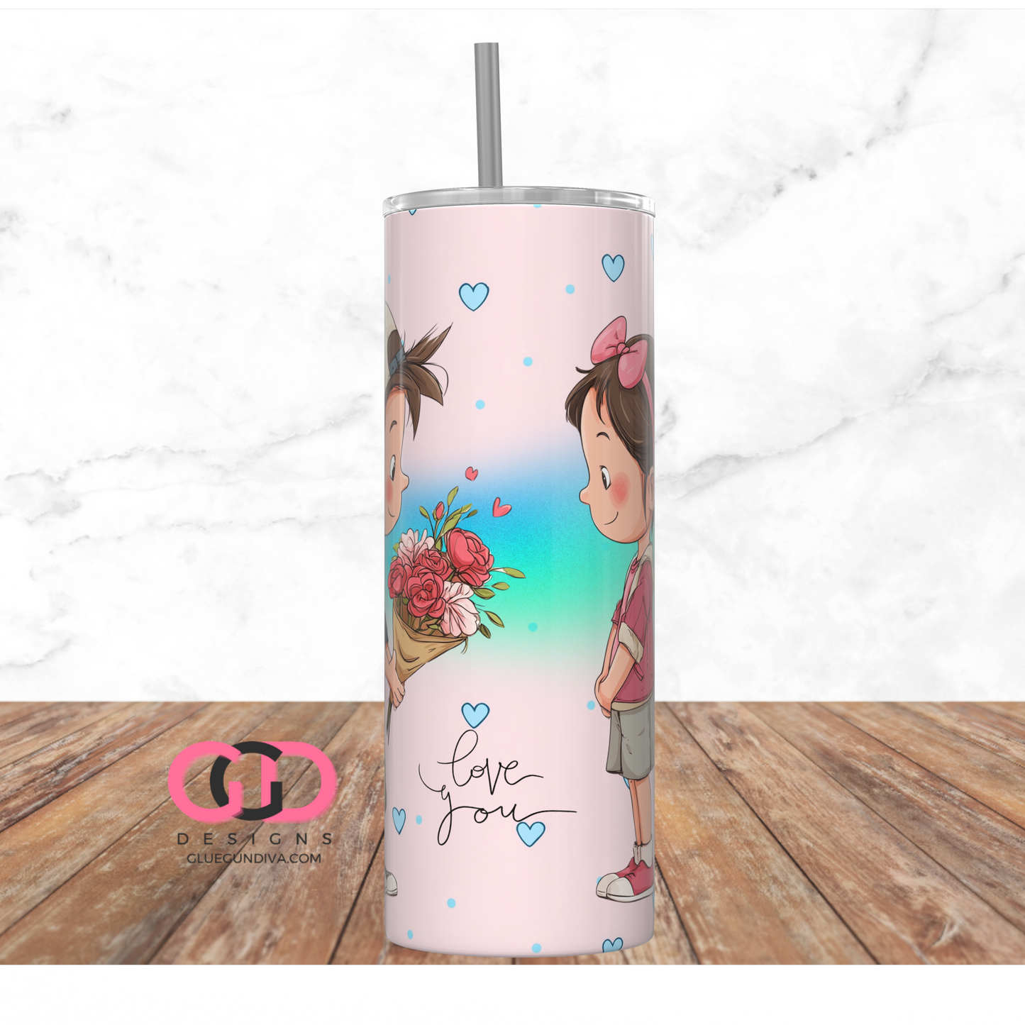 Love You Dark Brown Hair - Digital tumbler wrap for 20 oz skinny straight tumbler