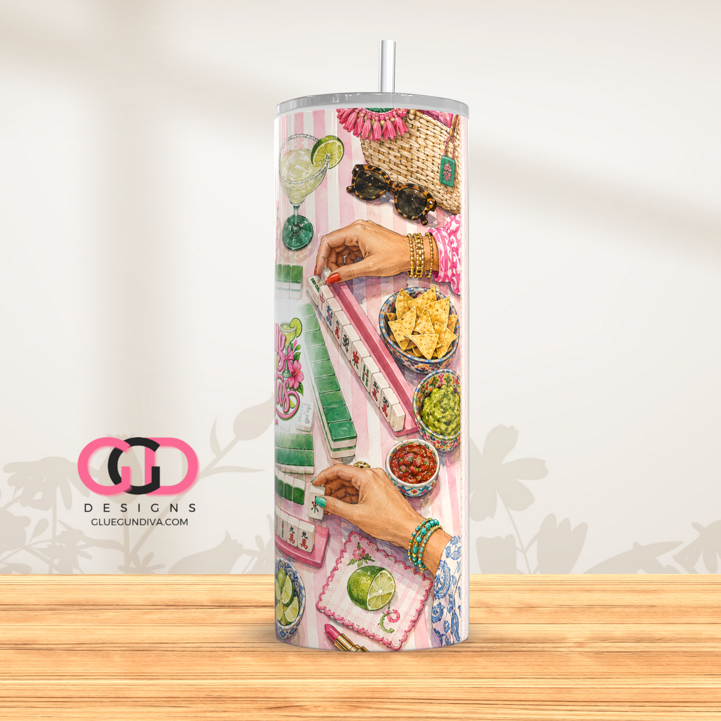 Mahjong And Margaritas -   Digital tumbler wrap for 20 oz skinny straight tumbler