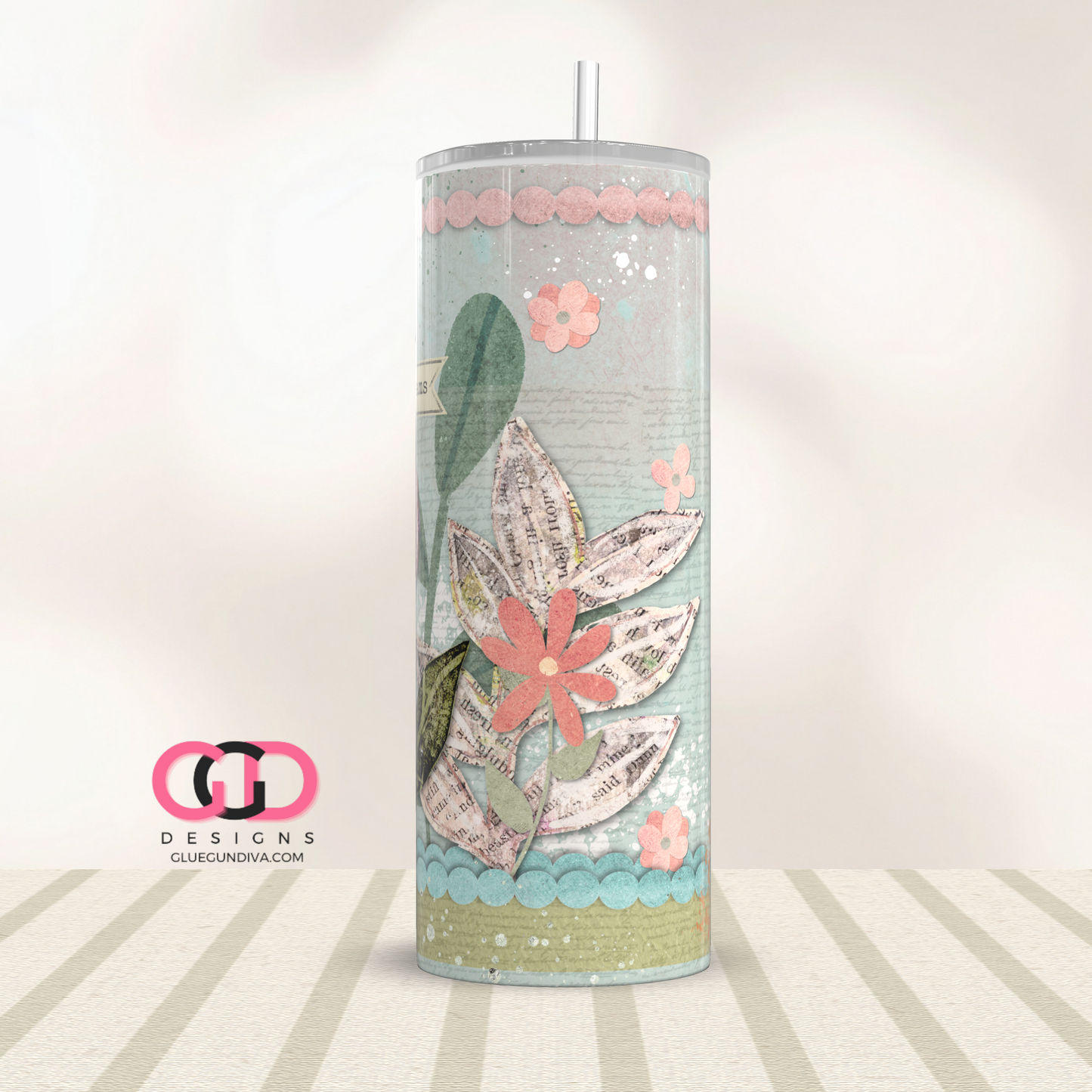 Wishes and Dreams Paper Floral -Digital tumbler wrap for 20 oz skinny straight tumbler