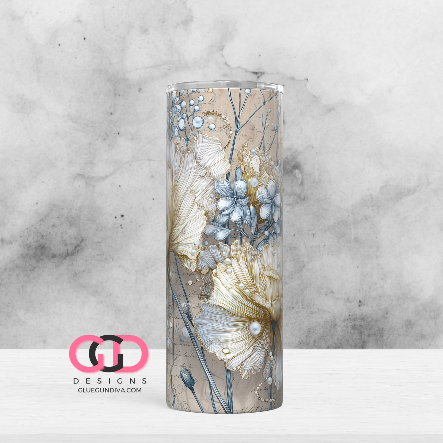 Creme Flowers Pearls Vintage -   Digital tumbler wrap for 20 oz skinny straight tumbler