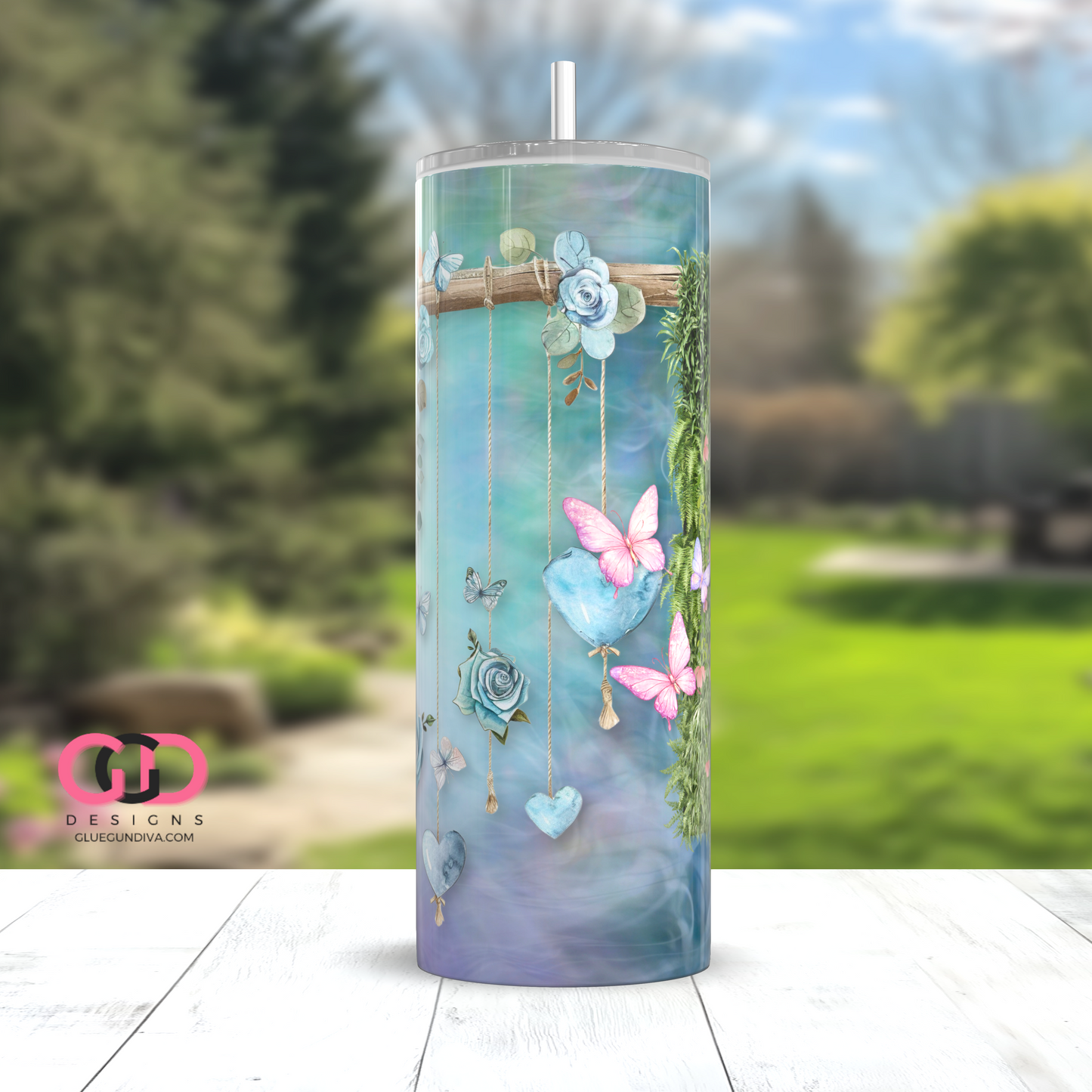 Dangling Roses and Butterflies -   Digital tumbler wrap for 20 oz skinny straight tumbler