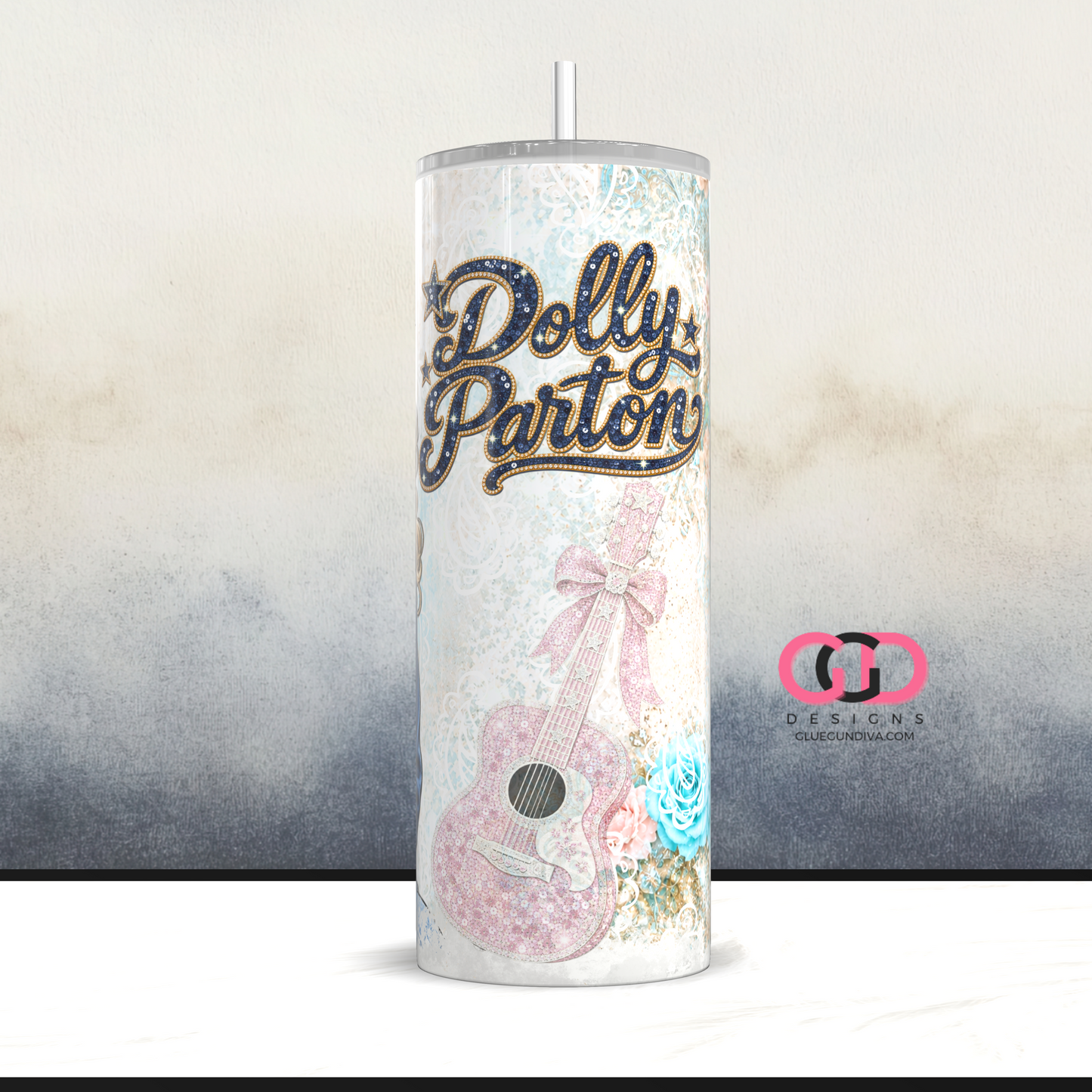 Dolly Parton Blue and Guitar -   Digital tumbler wrap for 20 oz skinny straight tumbler