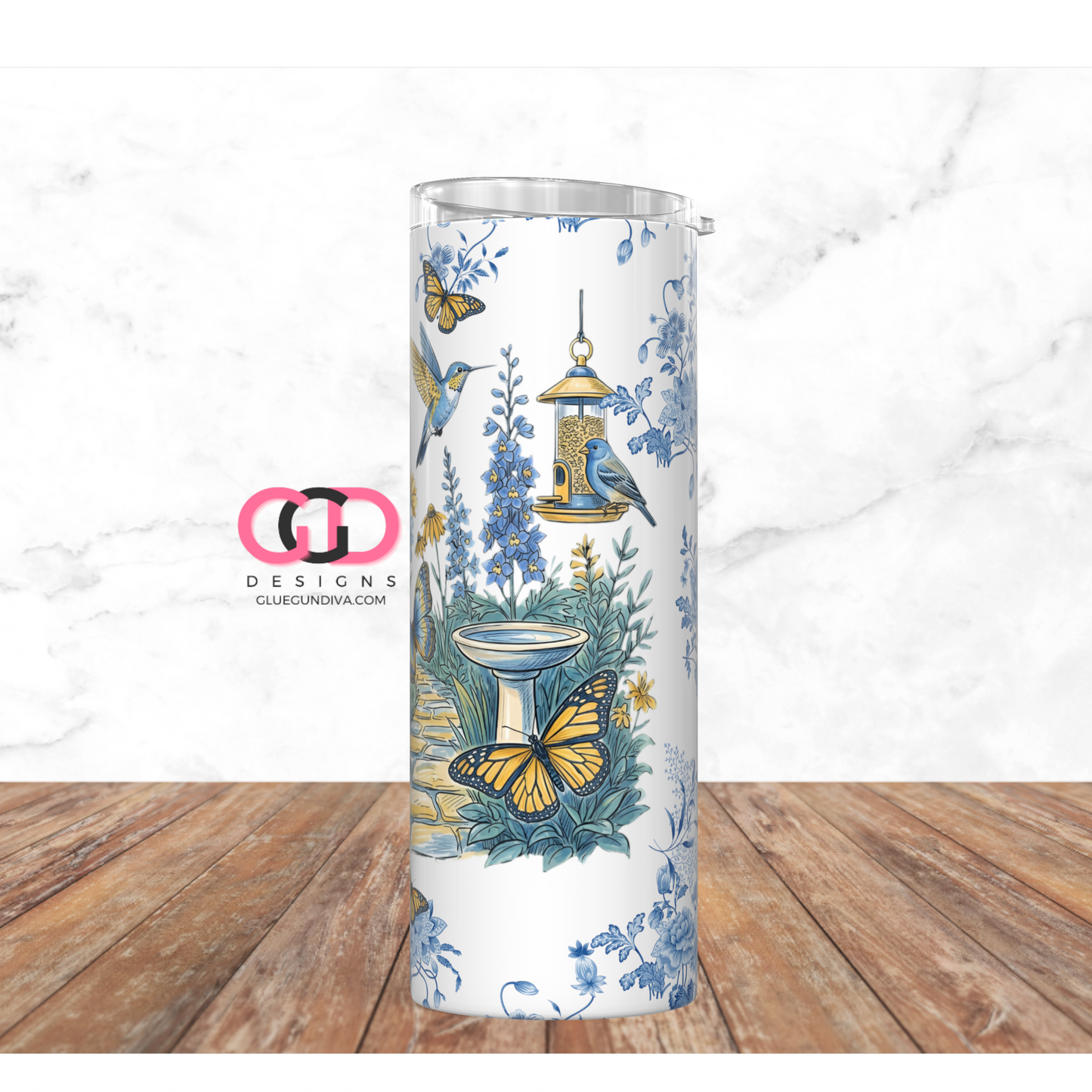 Birds Flowers Chinoiserie- Digital tumbler wrap for 20 oz skinny straight tumbler