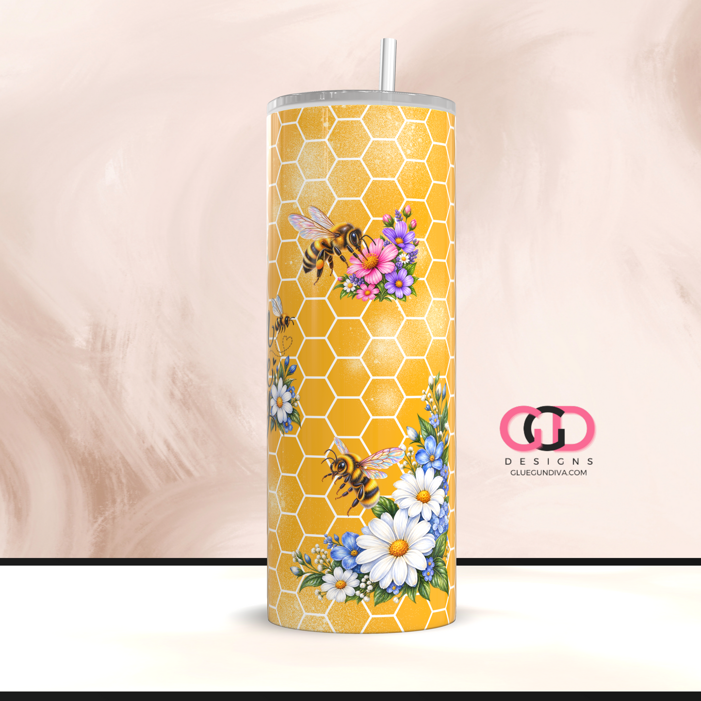 Bloom and Bee Happy Yellow -  Digital tumbler wrap for 20 oz skinny straight tumbler