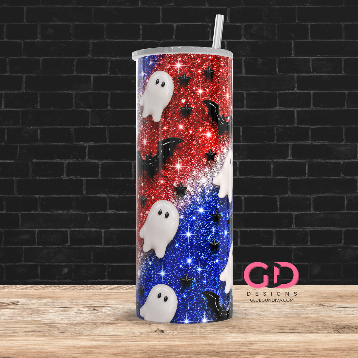 Glossy Ghosts Red White Blue -  Digital tumbler wrap for 20 oz skinny straight tumbler