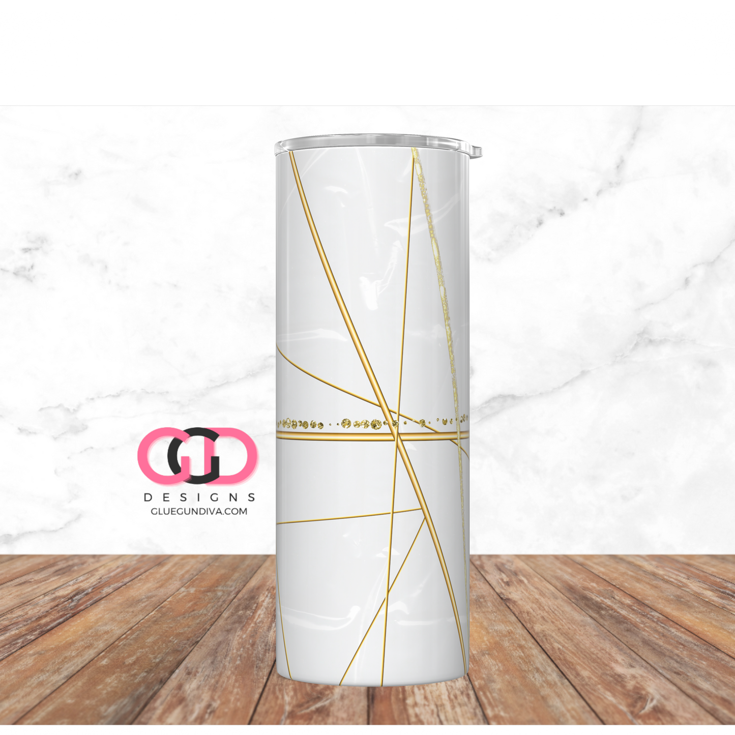 Gold Lines on White Plastic -   Digital tumbler wrap for 20 oz skinny straight tumbler