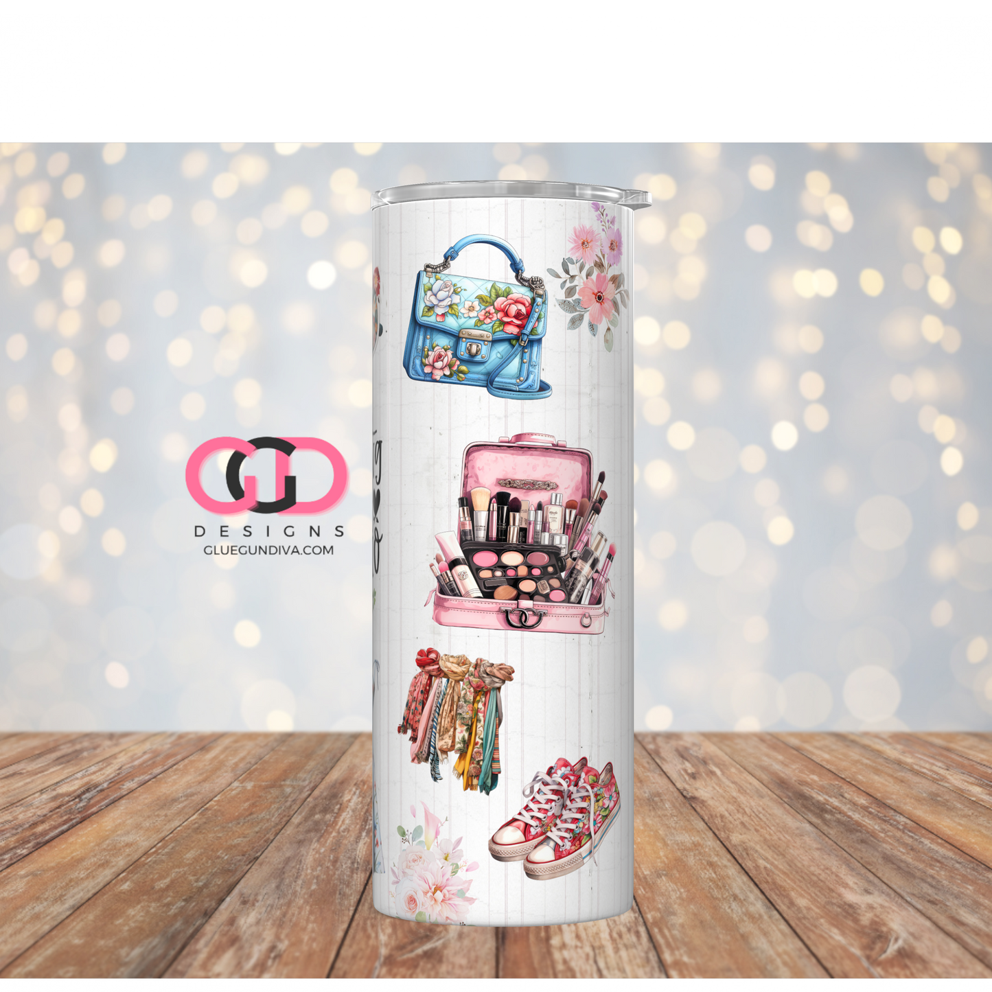 Shopping is my cardio Shabby Chic-  Digital tumbler wrap for 20 oz skinny straight tumbler