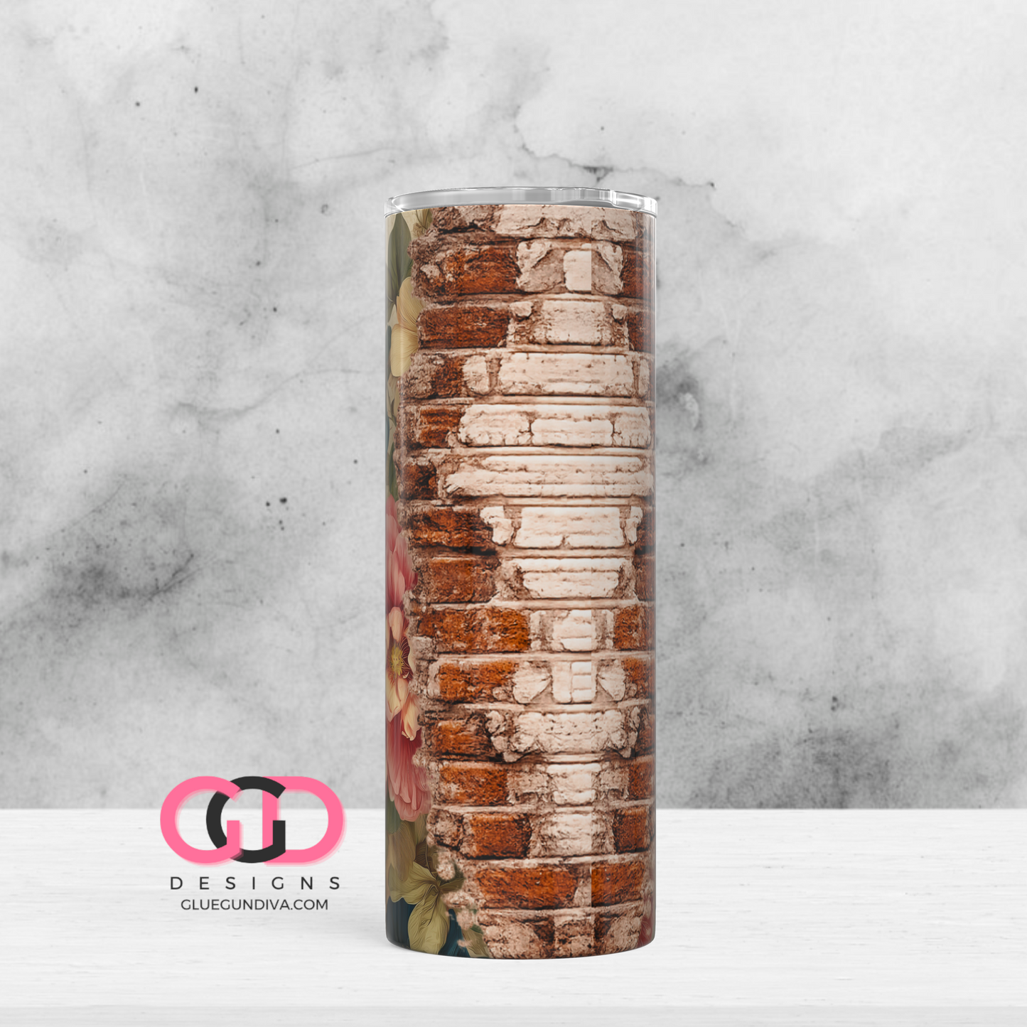 Vintage Brick Wall Flowers- Digital tumbler wrap for 20 oz skinny straight tumbler