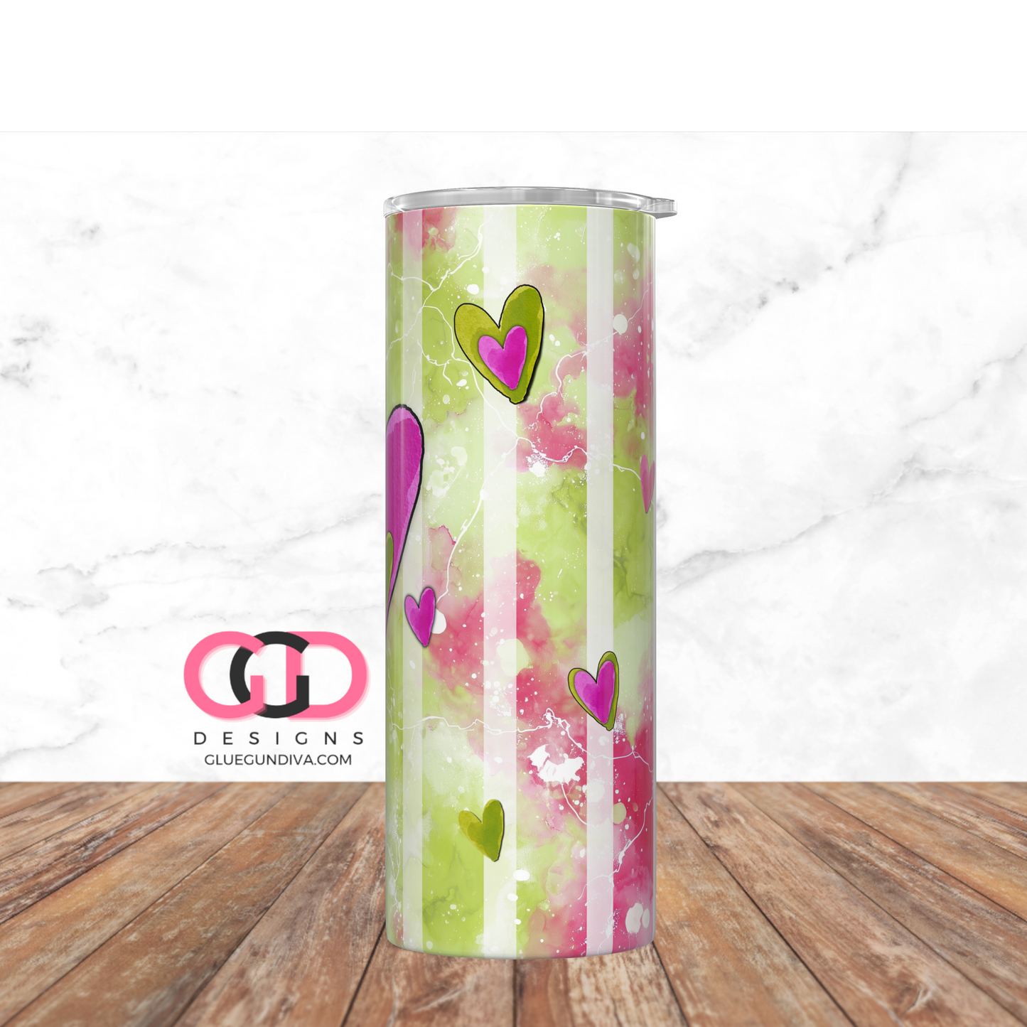 Lime Green and Pink Hearts -   Digital tumbler wrap for 20 oz skinny straight tumbler