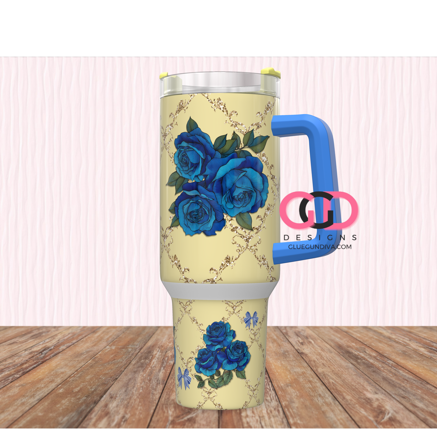 Blue Roses on Yellow -   Digital tumbler wrap for 40 oz tumbler