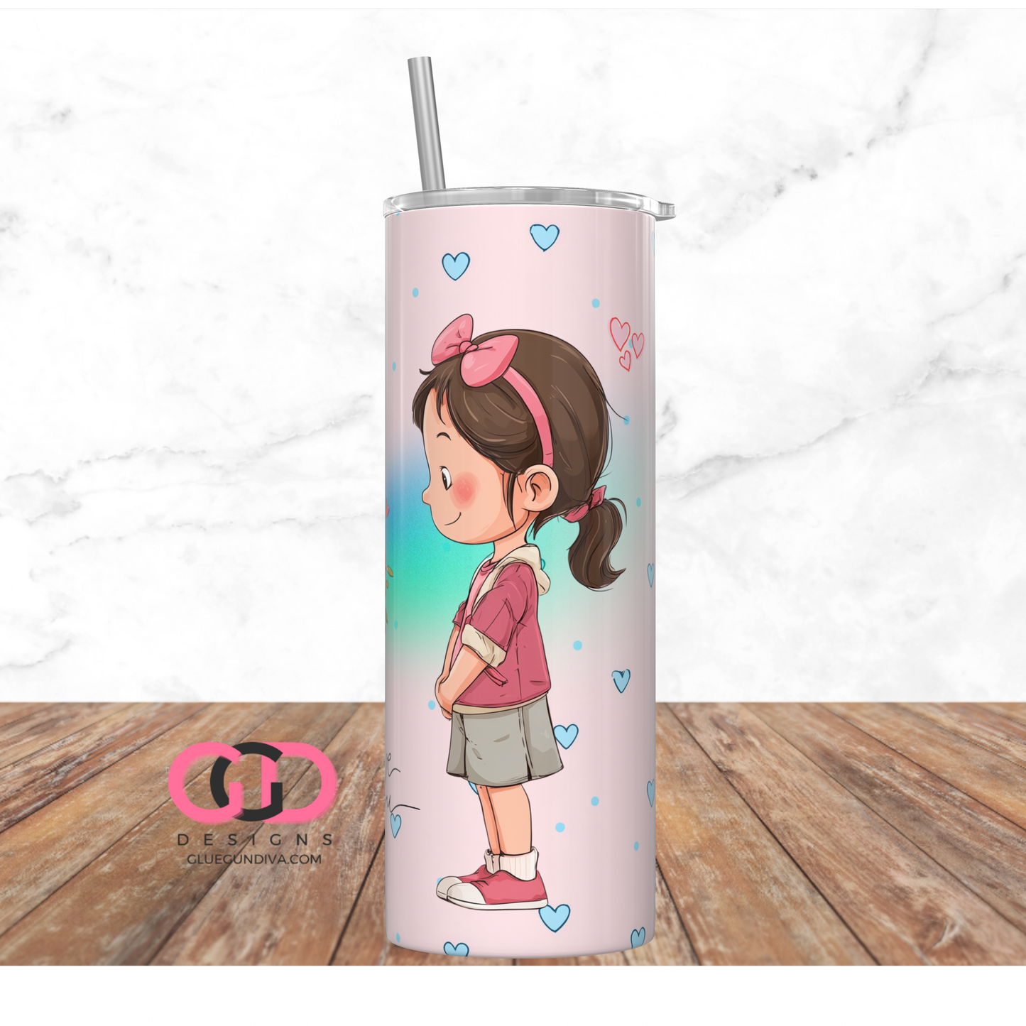 Love You Dark Brown Hair - Digital tumbler wrap for 20 oz skinny straight tumbler