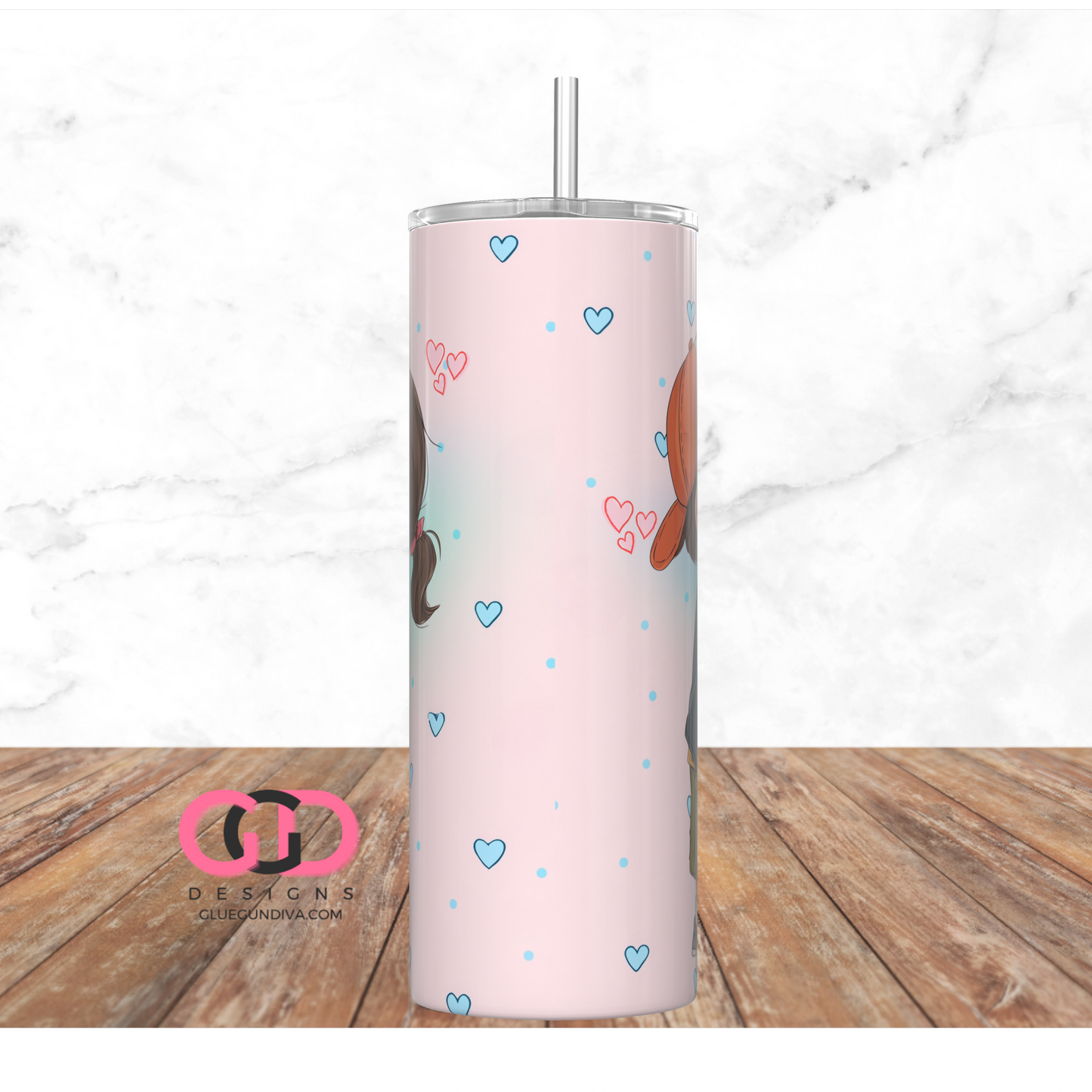 Love You Dark Brown Hair - Digital tumbler wrap for 20 oz skinny straight tumbler