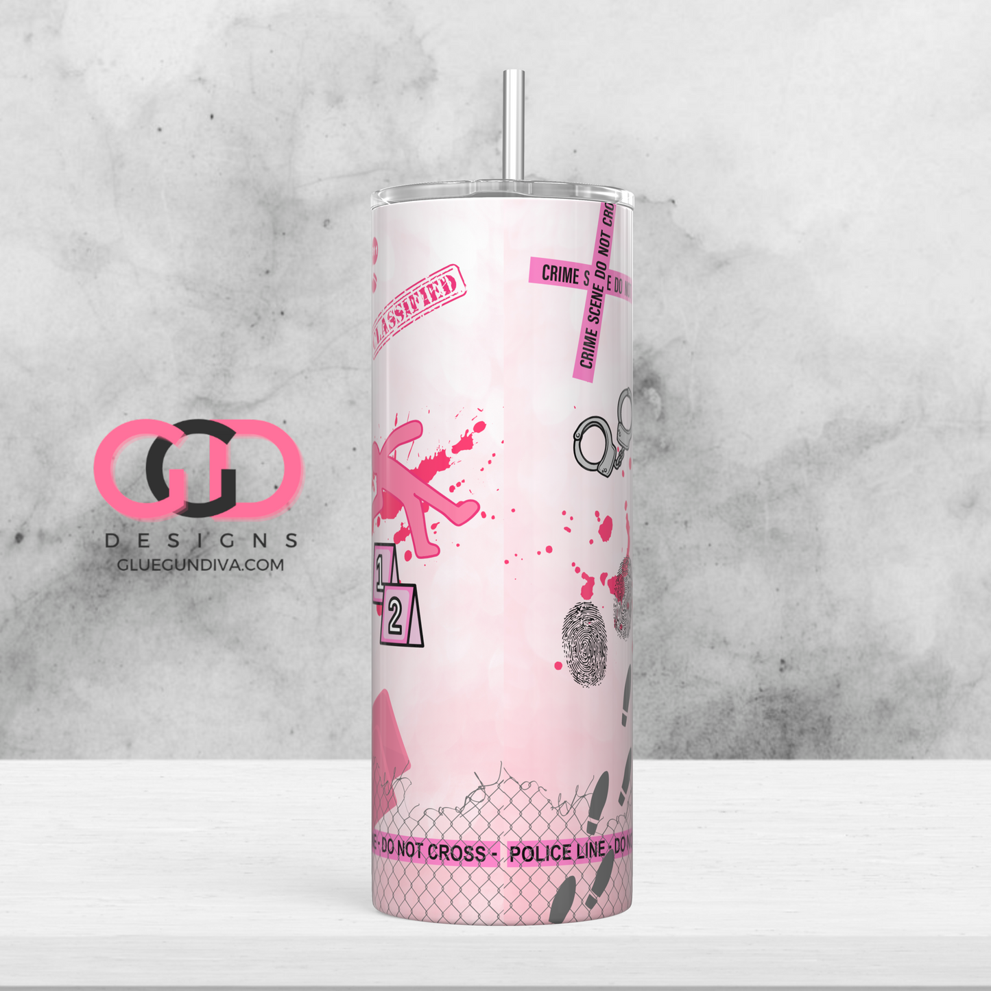 Pink True Crime Junkie  -  Digital tumbler wrap for 20 oz skinny straight tumbler
