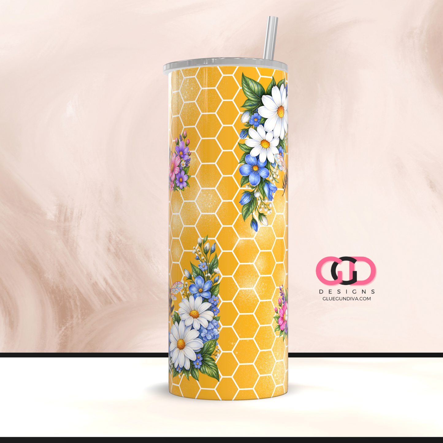 Bloom and Bee Happy Yellow -  Digital tumbler wrap for 20 oz skinny straight tumbler