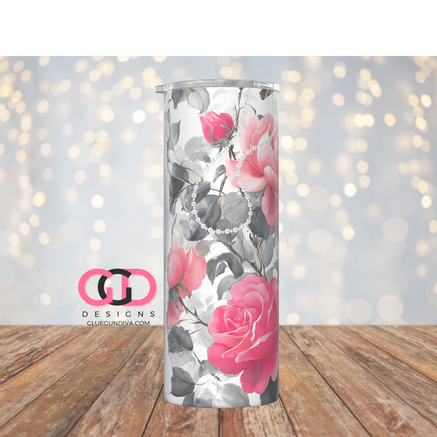 Pearl Strings and Pink Roses-   Digital tumbler wrap for 20 oz skinny straight tumbler