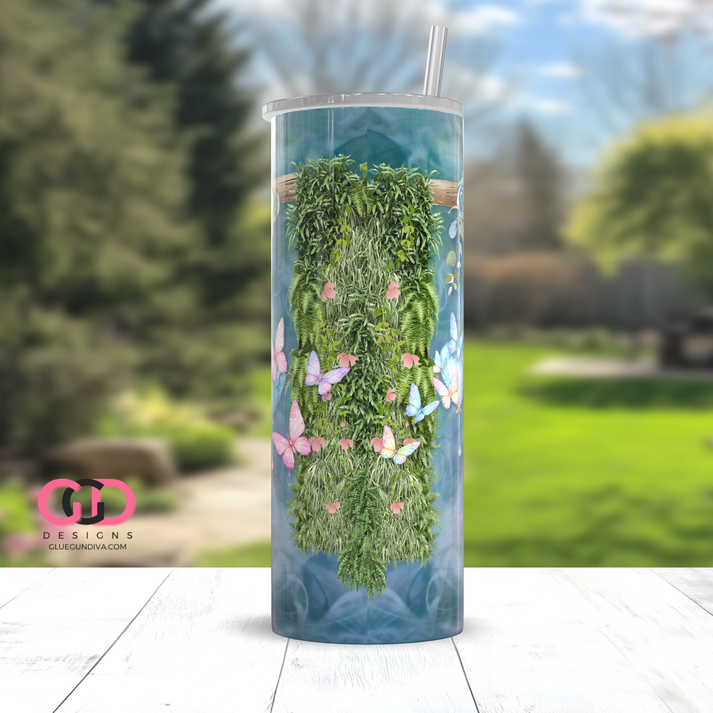 Dangling Roses and Butterflies -   Digital tumbler wrap for 20 oz skinny straight tumbler