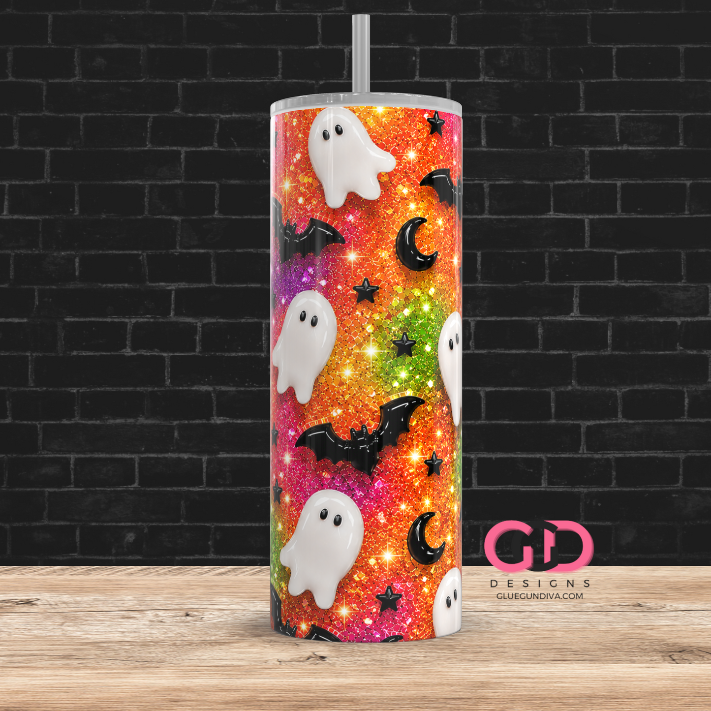 Glossy Ghosts Fall Colors  -  Digital tumbler wrap for 20 oz skinny straight tumbler