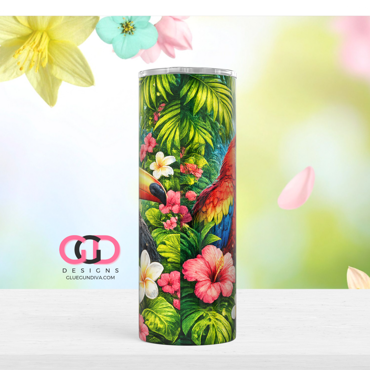 Tropical Birds Scene - Digital tumbler wrap for 20 oz skinny straight tumbler