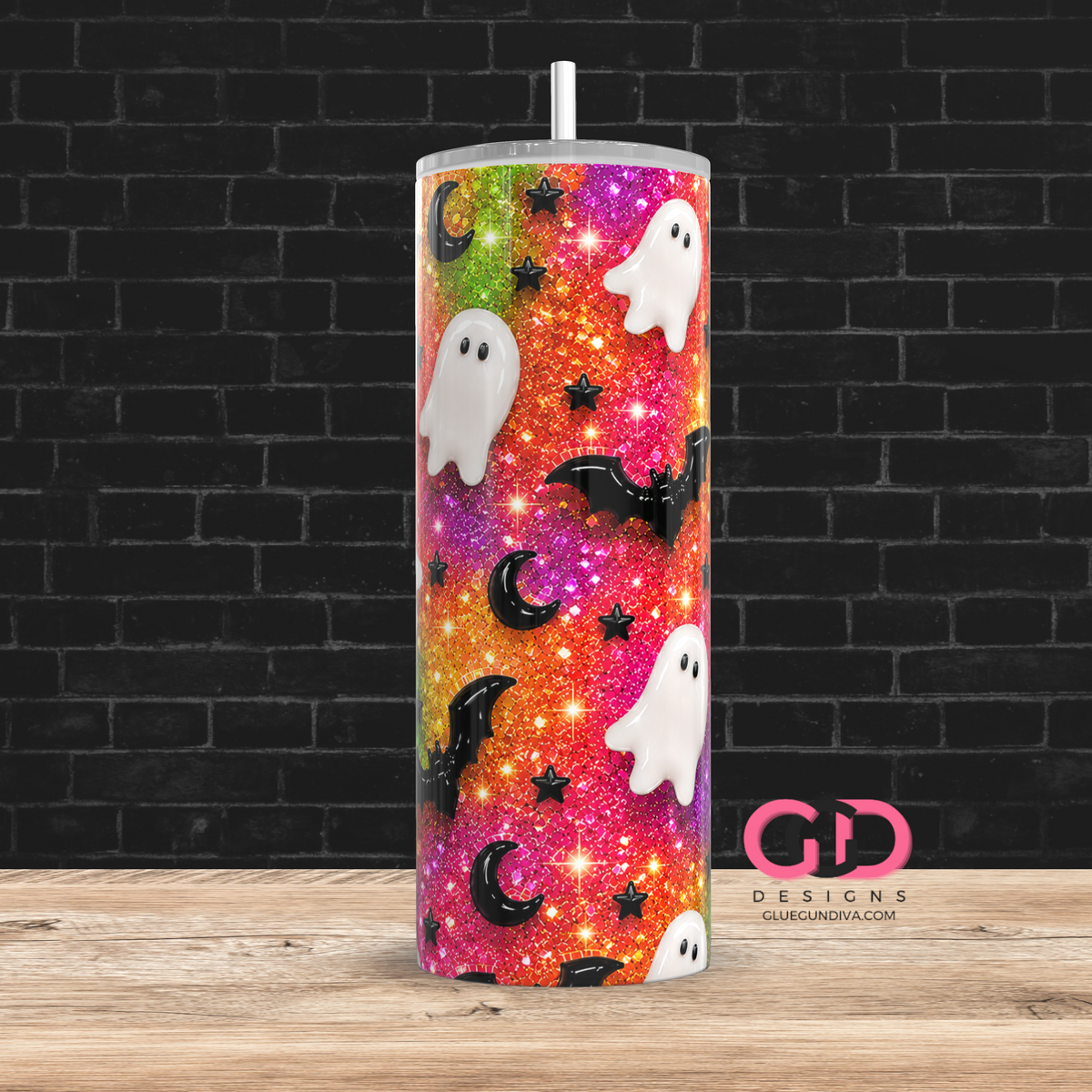 Glossy Ghosts Fall Colors  -  Digital tumbler wrap for 20 oz skinny straight tumbler