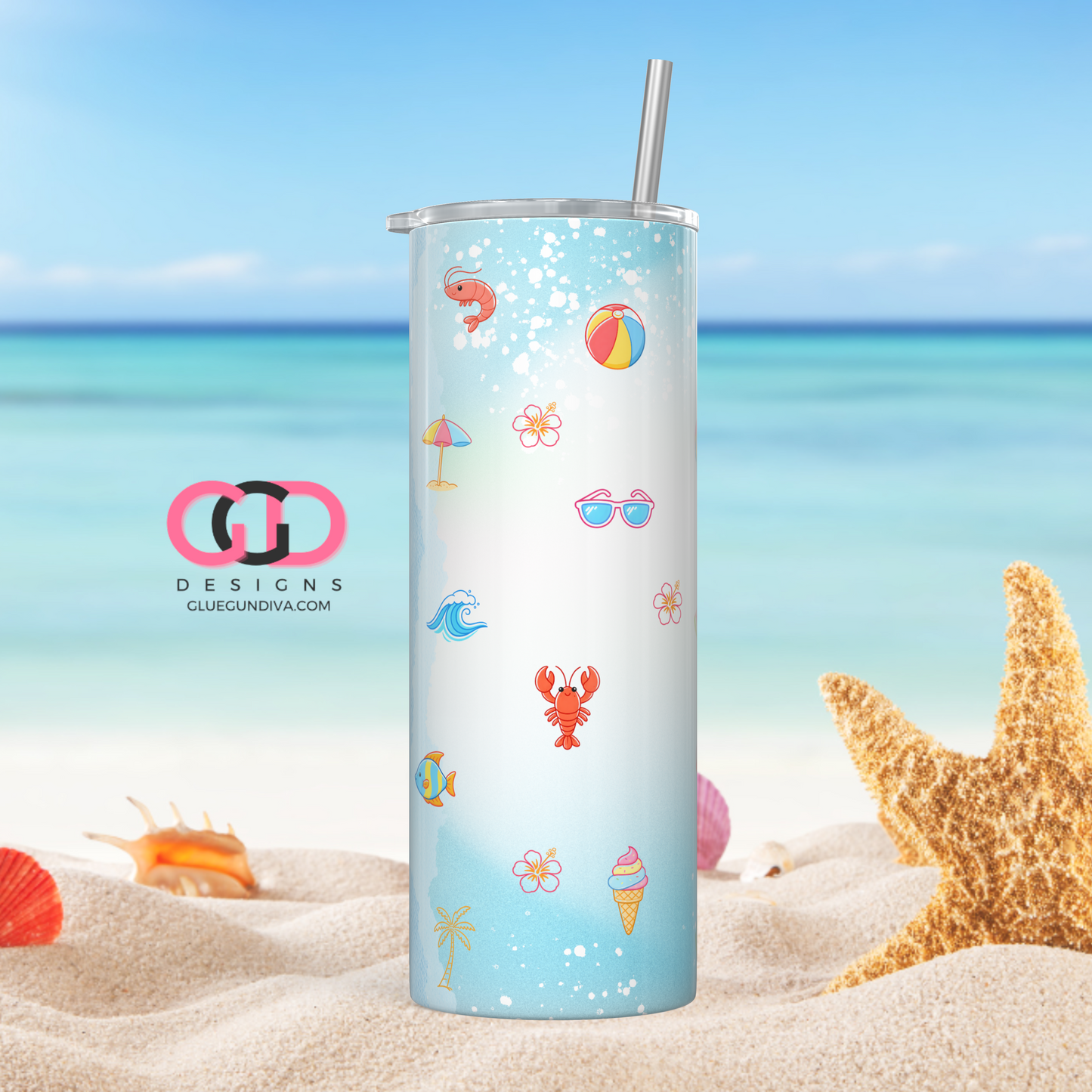 Cute Summer Icons -  Digital tumbler wrap for 20 oz skinny straight tumbler