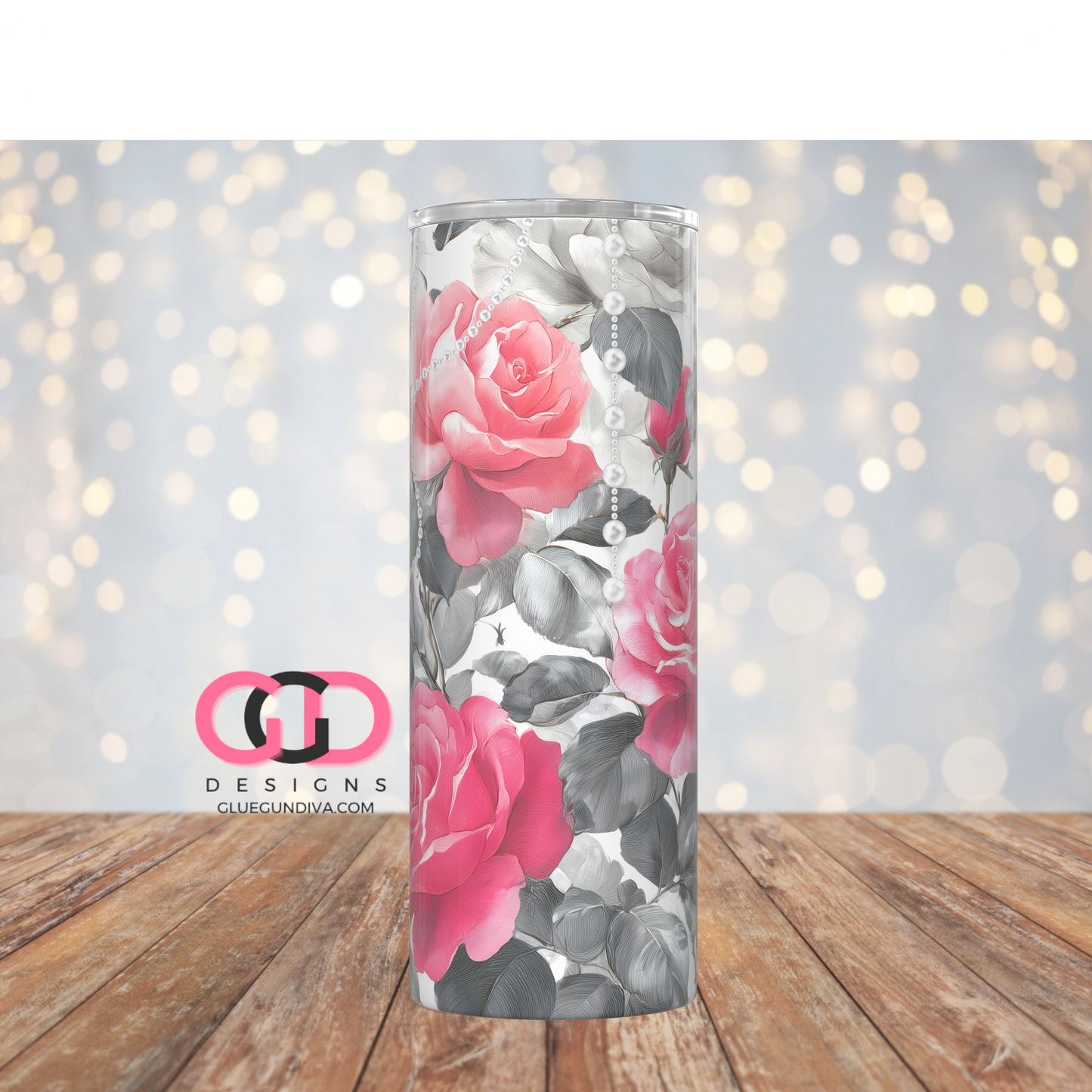 Pearl Strings and Pink Roses-   Digital tumbler wrap for 20 oz skinny straight tumbler