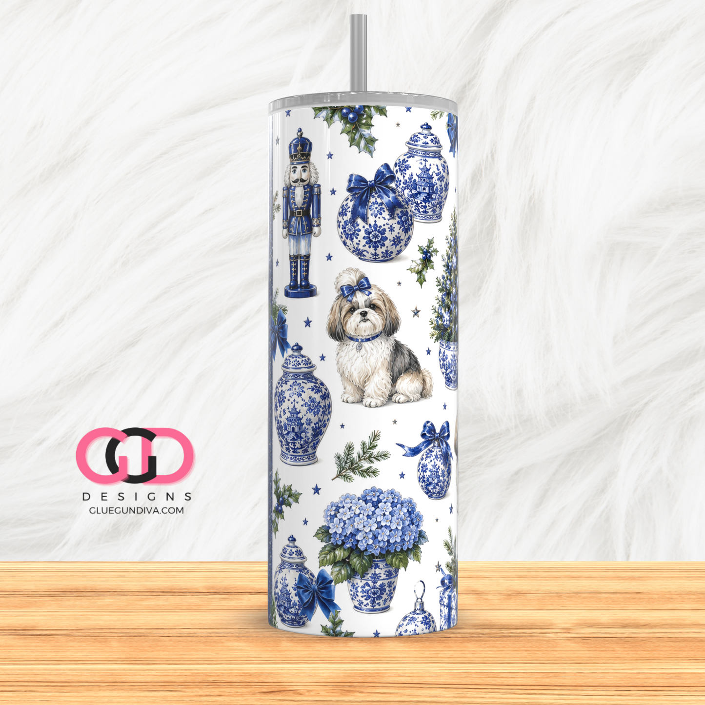 Blue Holidays Shih Tzu Girl -   Digital tumbler wrap for 20 oz skinny straight tumbler